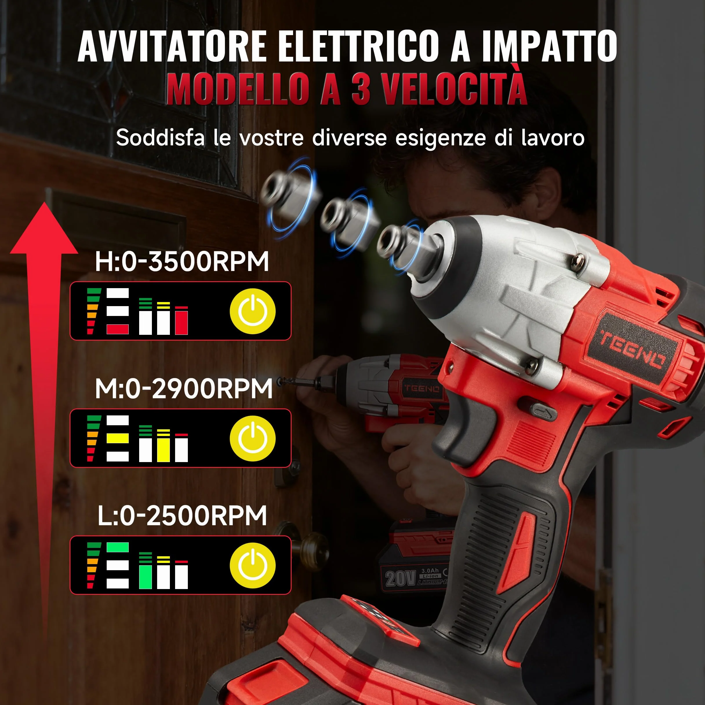 TEENO Chiave a percussione senza fili 320 Nm Bullonatrice a urto 3,0 Ah 25 accessori