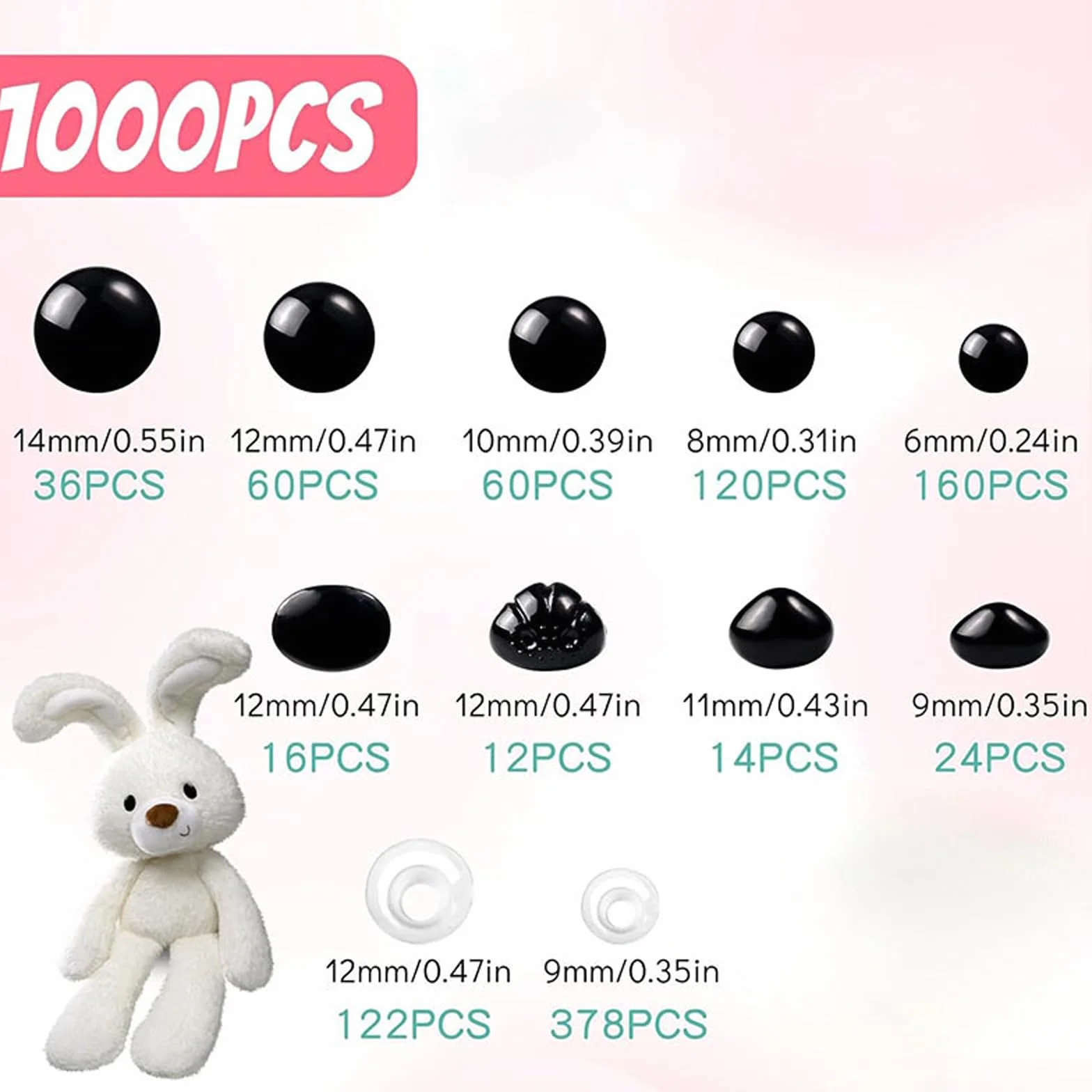Foonary 1002 occhi a bottone in plastica, 6 – 14 mm, occhielli di sicurezza per animali all'uncinetto, 9 – 12 mm, per animali di peluche, occhi delle bambole con rondelle, accessori per giocattoli fai