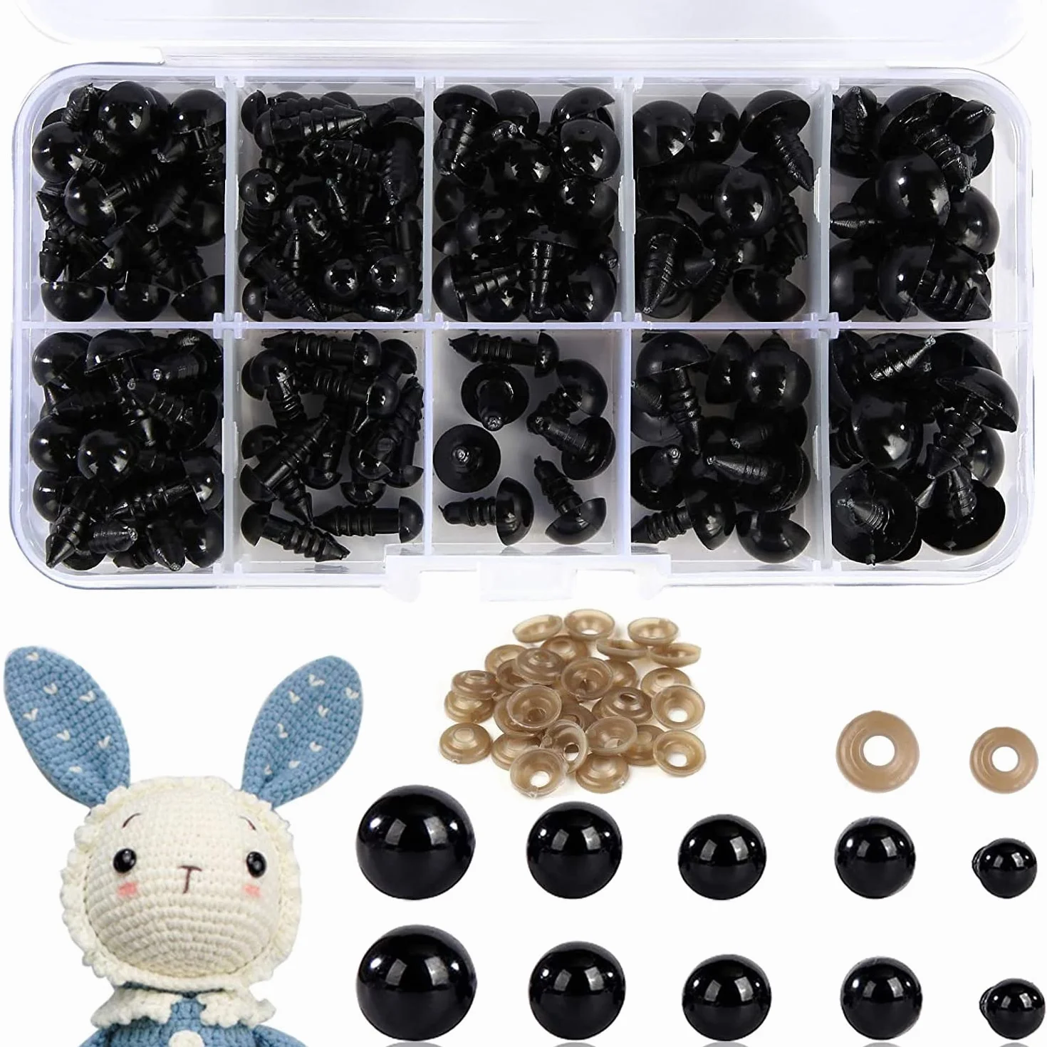 100 occhi di sicurezza per animali all'uncinetto, occhi a bottone in plastica, per bambole, peluche e orsacchiotti, fai da te, 6-12 mm