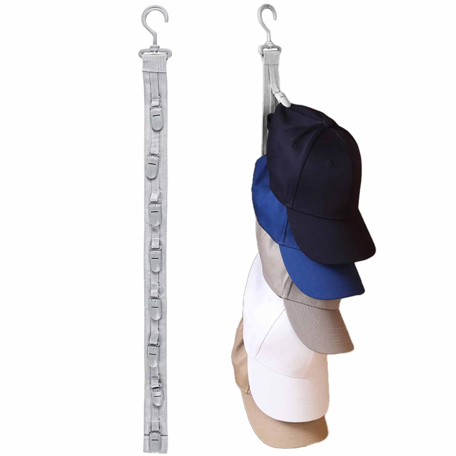 Porta Cappelli da Parete con 8 Clips, Gancio Girevole 360°, Organizer per Cappellini Baseball Fedora Berretti Grigio