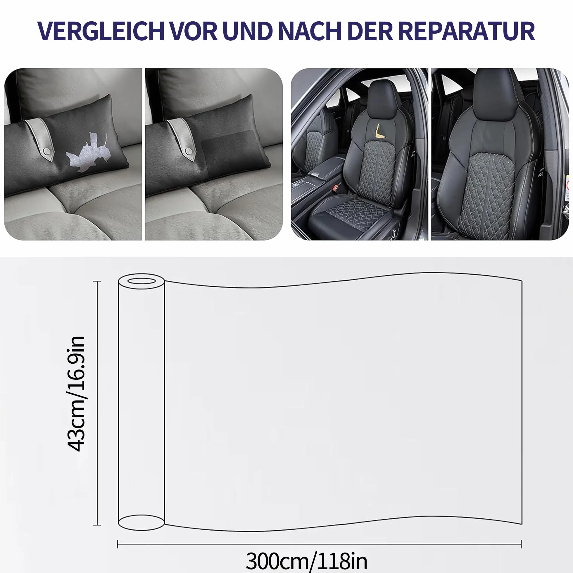 43x300cm Pelle Adesiva per Riparazioni Patch in PU Pelle per Divano, Sedile Auto, Mobili, Borsa, Tappezzeria Nero