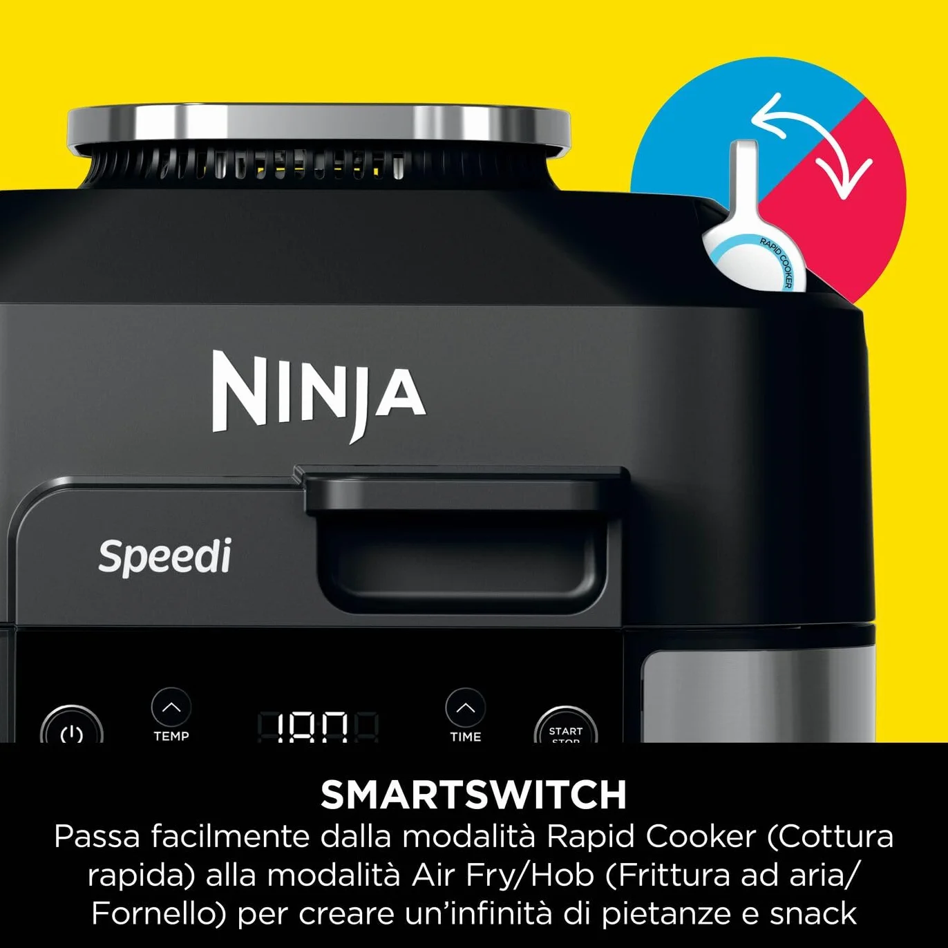 Ninja Speedi Pentola Elettrica Rapida 10 in 1, Friggitrice ad Aria, 5,7 l, Pasti per 4 in 15 Minuti, Frittura ad Aria e Cottura al Vapore, Idea Regalo Natale, Nero, ON500EU