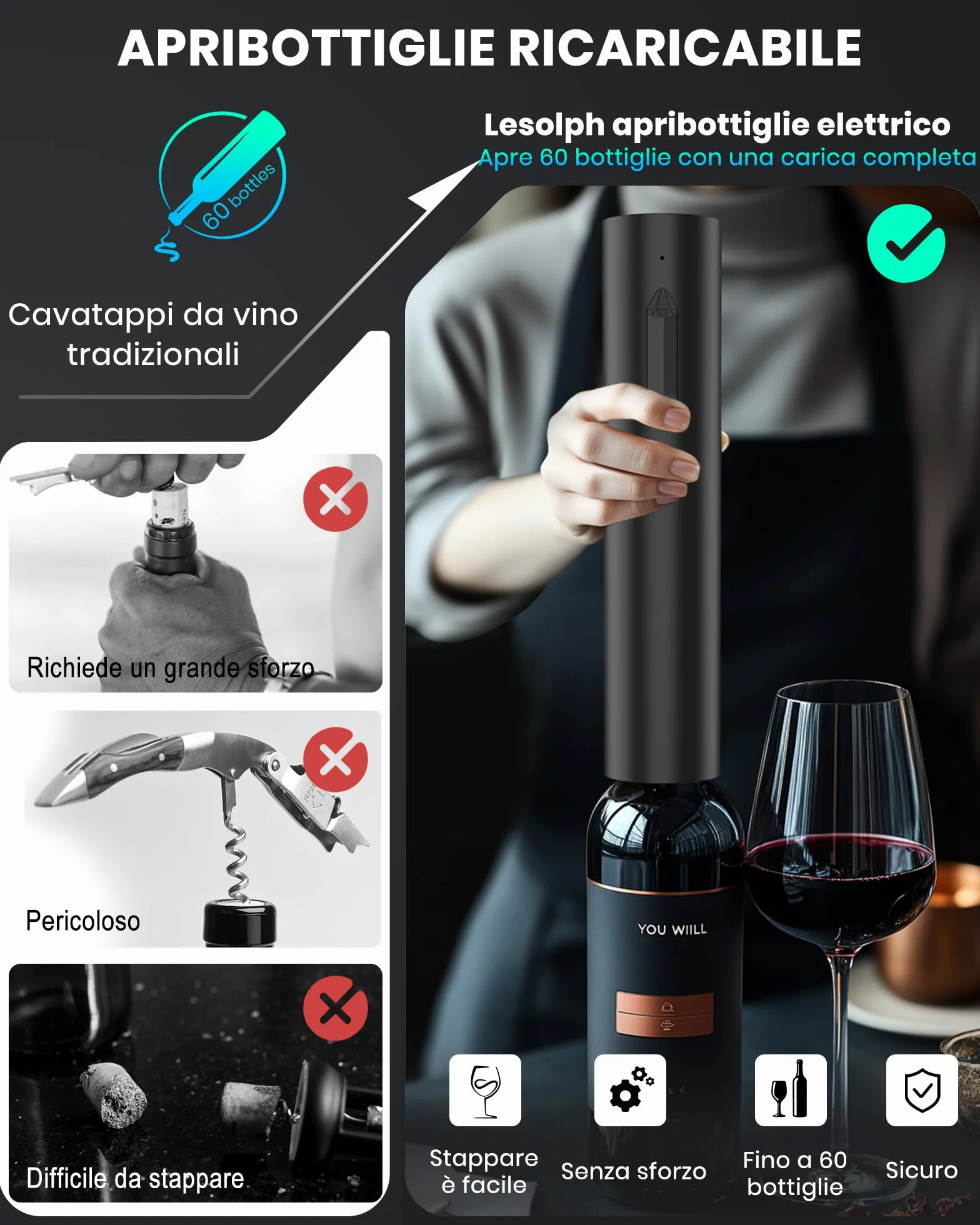 Cavatappi elettrico ricaricabile per vino, apribottiglie elettrico idee regalo uomo donna compleanno con taglierina per fogli e cavo di ricarica USB per festa in cucina a casa matrimonio