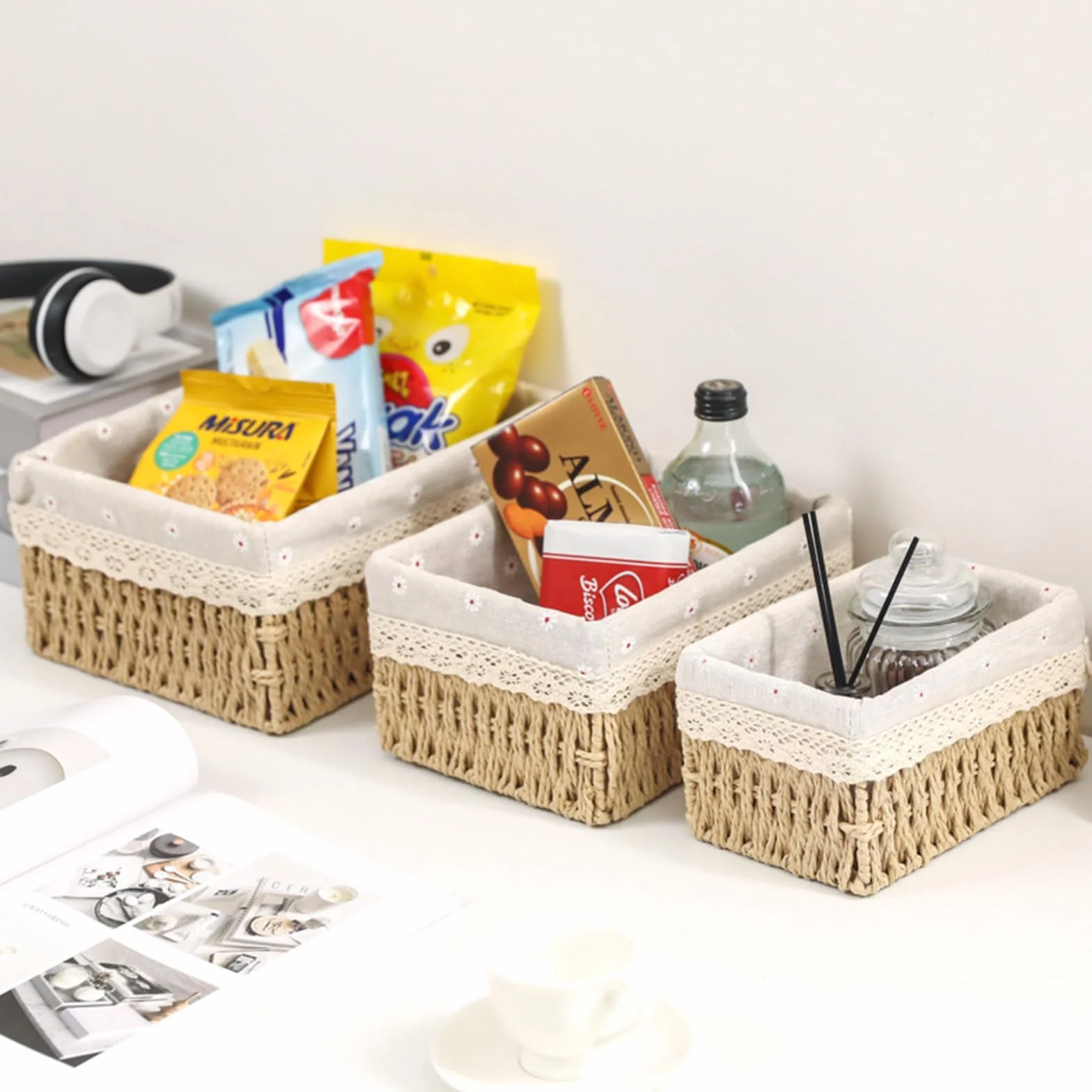 Set di 3 Cestini Portaoggetti Intrecciati a Mano con Coperchio - Corde di Carta Riciclata e Fodera Lavabile - Organizer Multifunzione per Bambini, Bagno, Cucina - Stile Boho Decor (Beige)