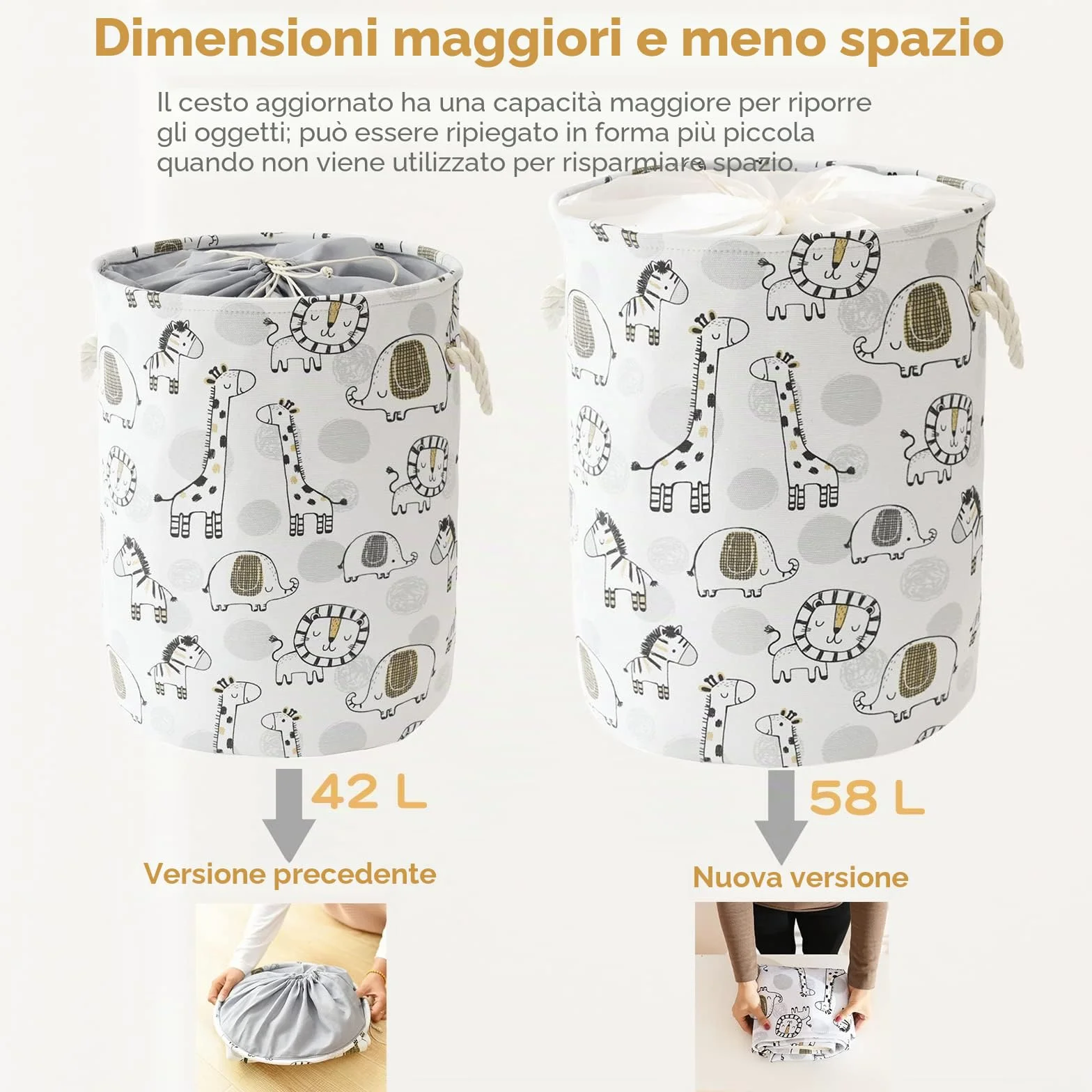 Ceste per la Biancheria 58L Très Grand Cesto Giochi Bambini, Animaux Safari Pliable Contenitore Bancheria Sporca Cesta Porta Giochi avec Chiusura con Coulisse per Asilo Nido Camera dei Bambini