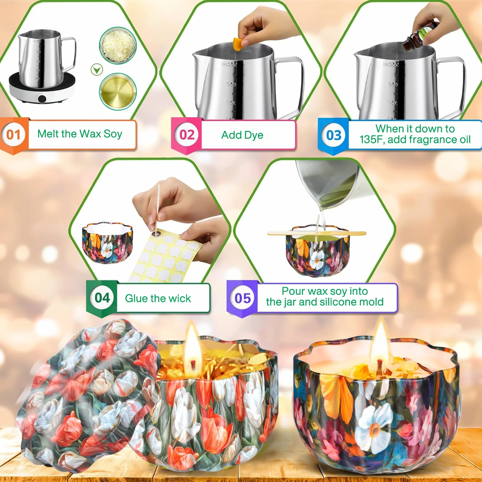 TEWWCEO Kit per Fabbricazione Candele, Set Regalo DIY con Cera d'api da 480g, 8 Vaso a Forma di Fior - per Principianti