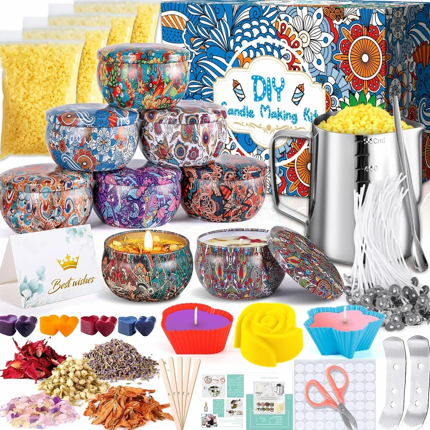 NCKIHRKK Kit per Fabbricazione Candele,Kit per Candele Fai da Te,Kit per Fusione Cera per Principianti DIY Set Regalo con Cera di Soia,8 Candele Barattoli,8 Coloranti,3 Stampo in Silicone,30 Stoppini