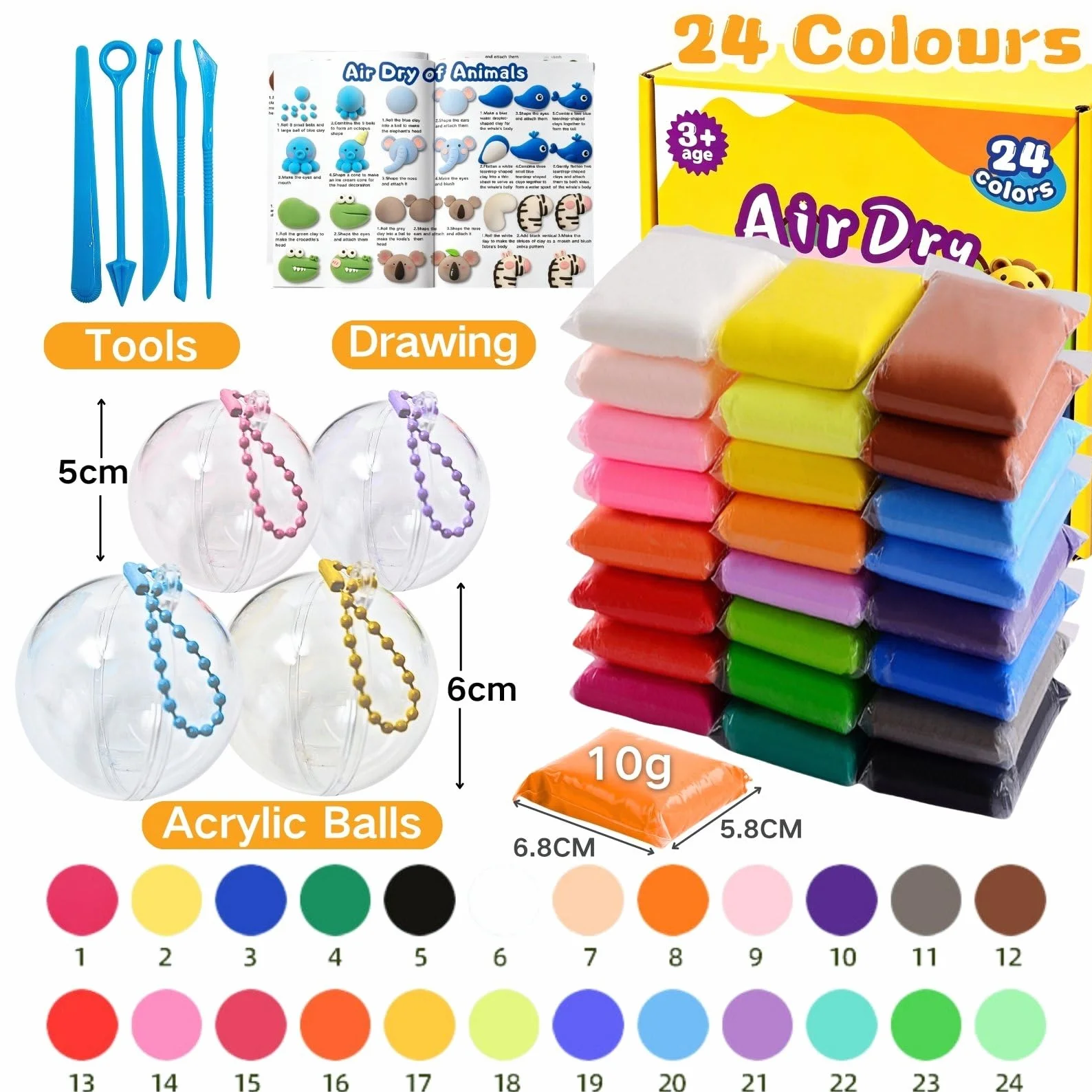 Kit di Argilla ad Asciugatura all'Aria, 24 Colori di Plastilina con 5 Strumenti, 4 Palline Riempibili, Catene a Sfere e Tutorial, Argilla da Modellare in Plastilina, Regalo Fai da Te per Ragazzi e