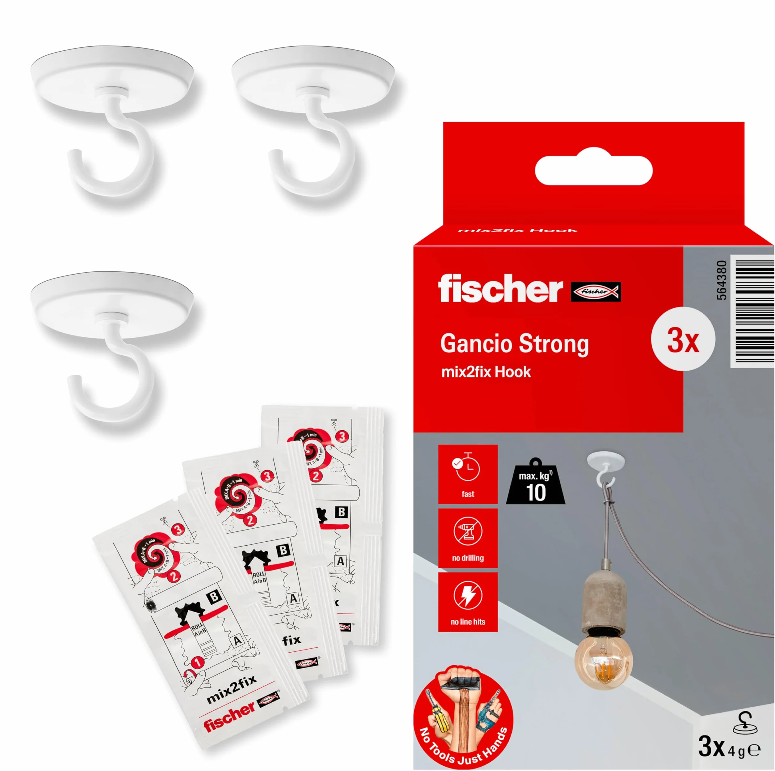 Fischer 3x Gancio Strong, Ganci Adesivi con Colla Bicomponente senza Bucare il Muro, per Appendere a Soffitto e a Parete Fino a 10 Kg, per Luci, Lampade, Cavi, Decori, 3 Pezzi