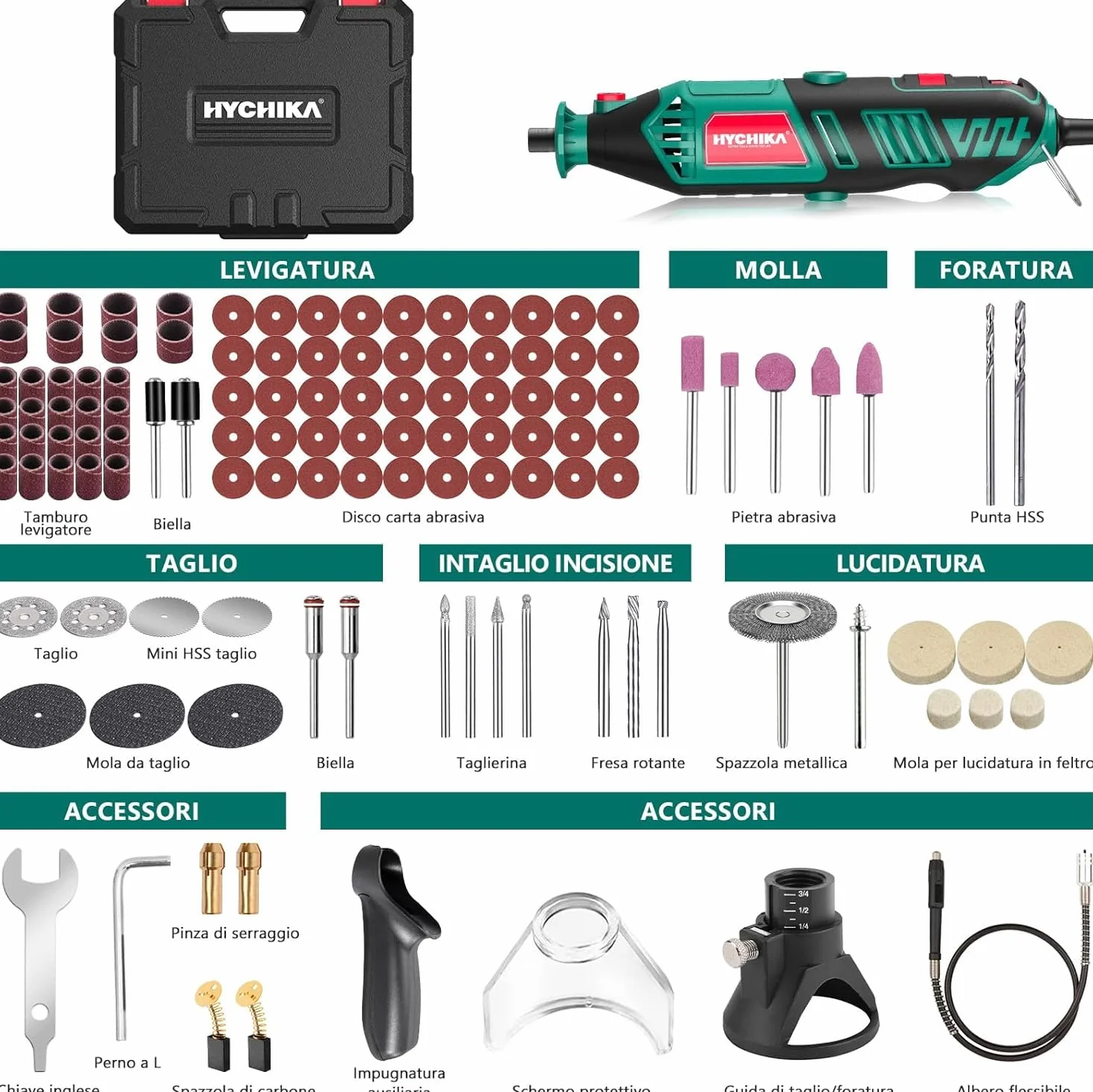 HYCHIKA utensile rotante 170W, kit multiutensile velocità variabile 8000-35000 RPM, 173 pezzi con albero flessibile