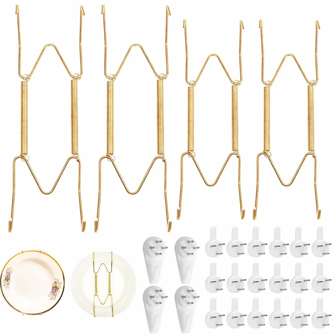 Ganci multifunzione Gancio per piatti da 4 pezzi, chiodo anti-residuo da 4 pezzi,con 16 protezioni trasparenti.piatti e decorazioni,Portapiatti da parete per Art Déco(20, 25 cm).