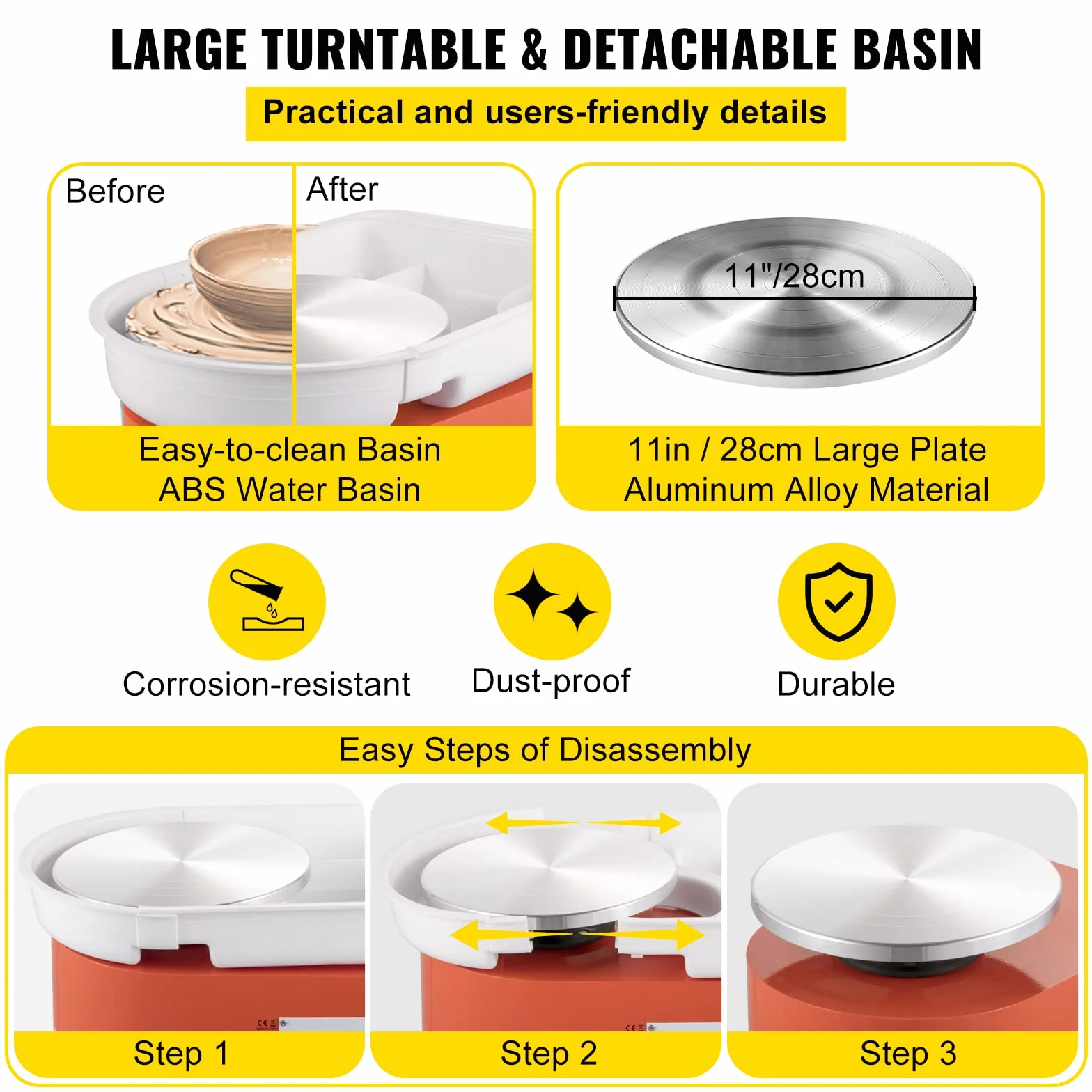 VEVOR Macchina per Argilla Ceramica Pedale, 11 Pollici Potenza 350 W Modello TYLPJ28-OC Macchina per Ruote da Ceramica Arancione per L'Insegnamento Scolastico, Bar in Ceramica e Uso Domestico, ECC