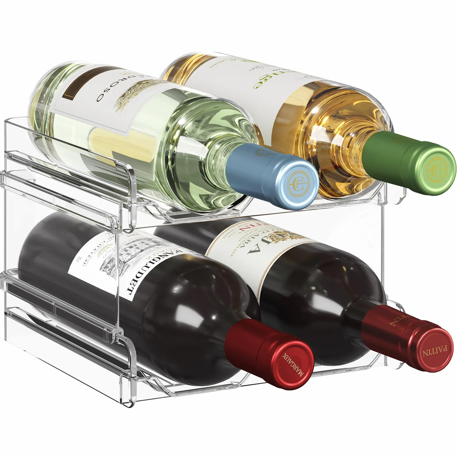 Lifewit Portabottiglie Impilabile in Plastica per Frigorifero, Organizer per 4 Bottiglie, Trasparente