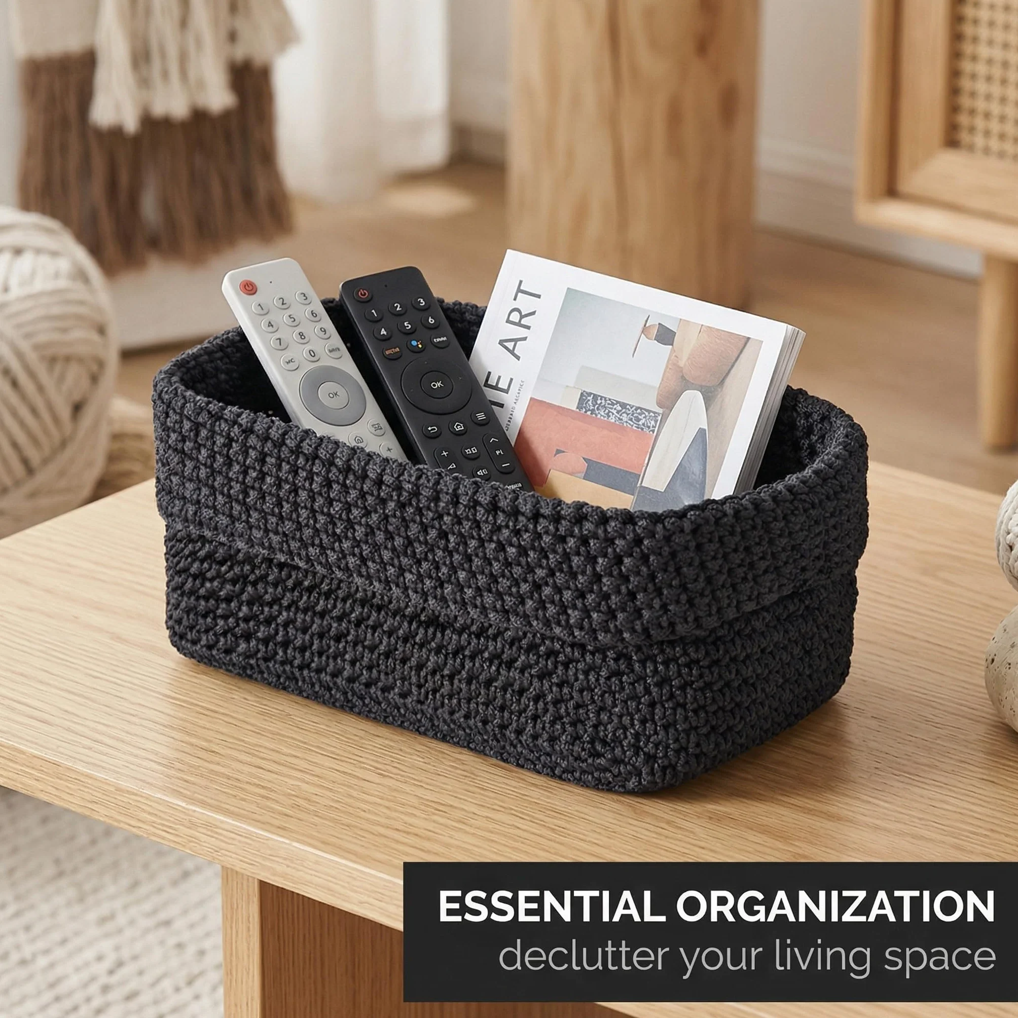 Cestino Portaoggetti Nero, Cestino Intrecciato a Mano in Corda di Cotone, 21×13×15,5 cm, Piccolo Cestino Intrecciato, Scatola Organizzatrice per Cucina, Bagno, Mensole, Pane e Cosmetici
