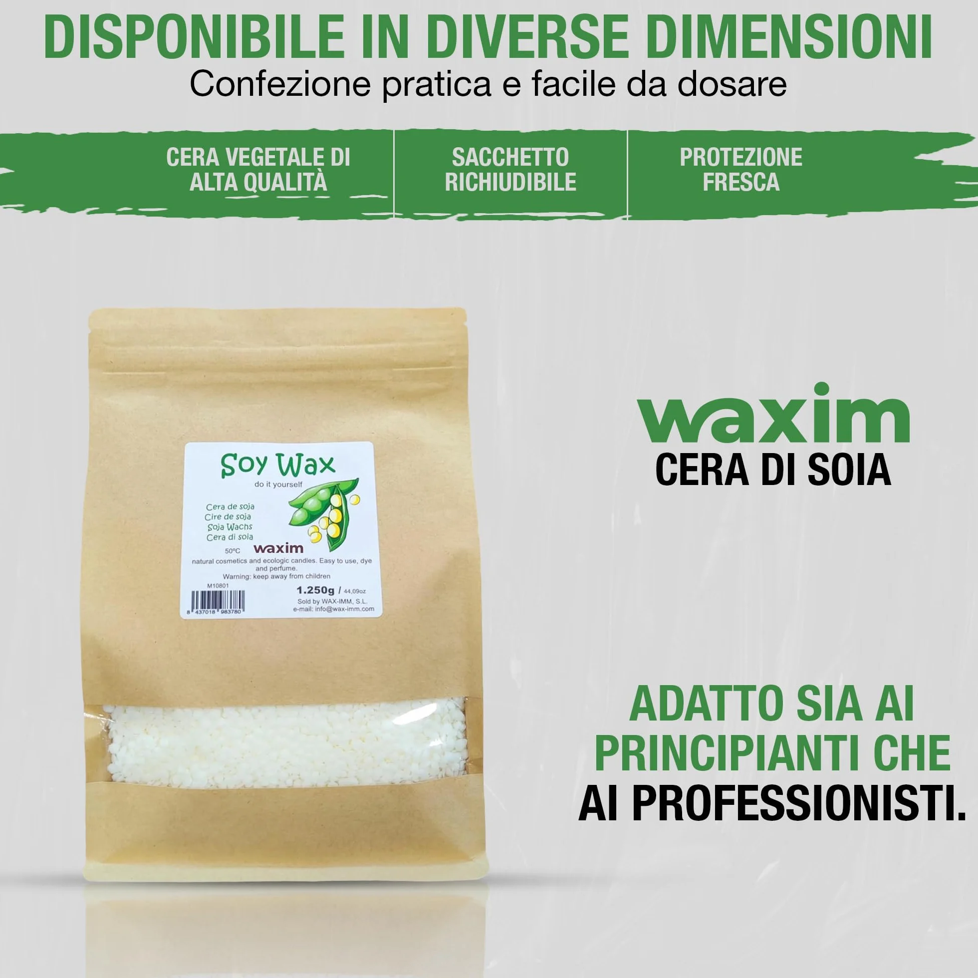 Cera di soia WAXIM per candele in perle | Cera di soia naturale, cera per realizzare candele fatte in casa e profumate 1250 g | A base vegetale in contenitori | Fusione uniforme