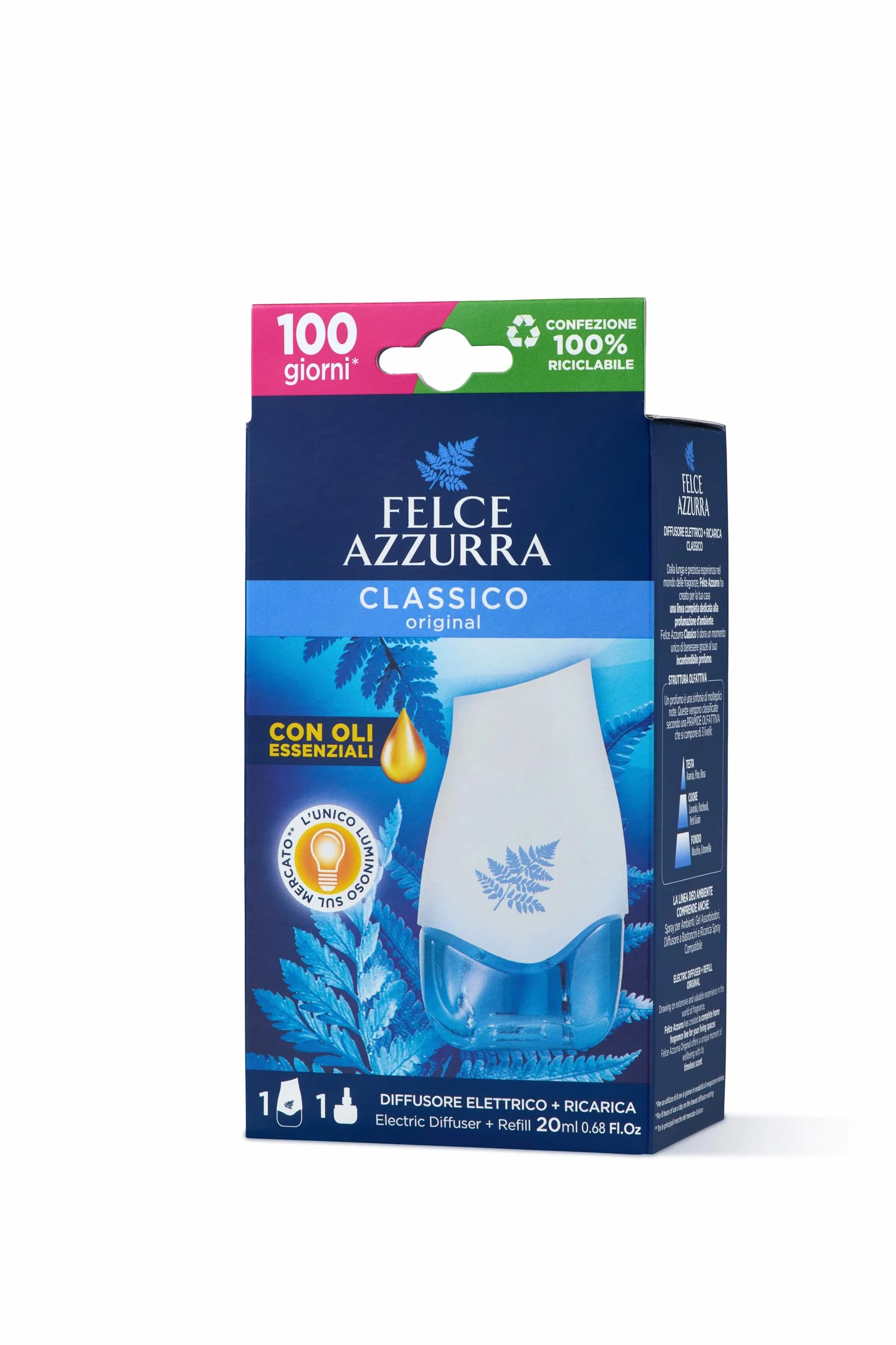 Felce Azzurra - Diffusore Elettrico Classico, Profumatore per Ambienti Luminoso e Fragranza Regolabile, Diffusore Profumo Ambiente per Atmosfera Soffusa a Lungo (75 Giorni), Diffusori Profumatori 20ml