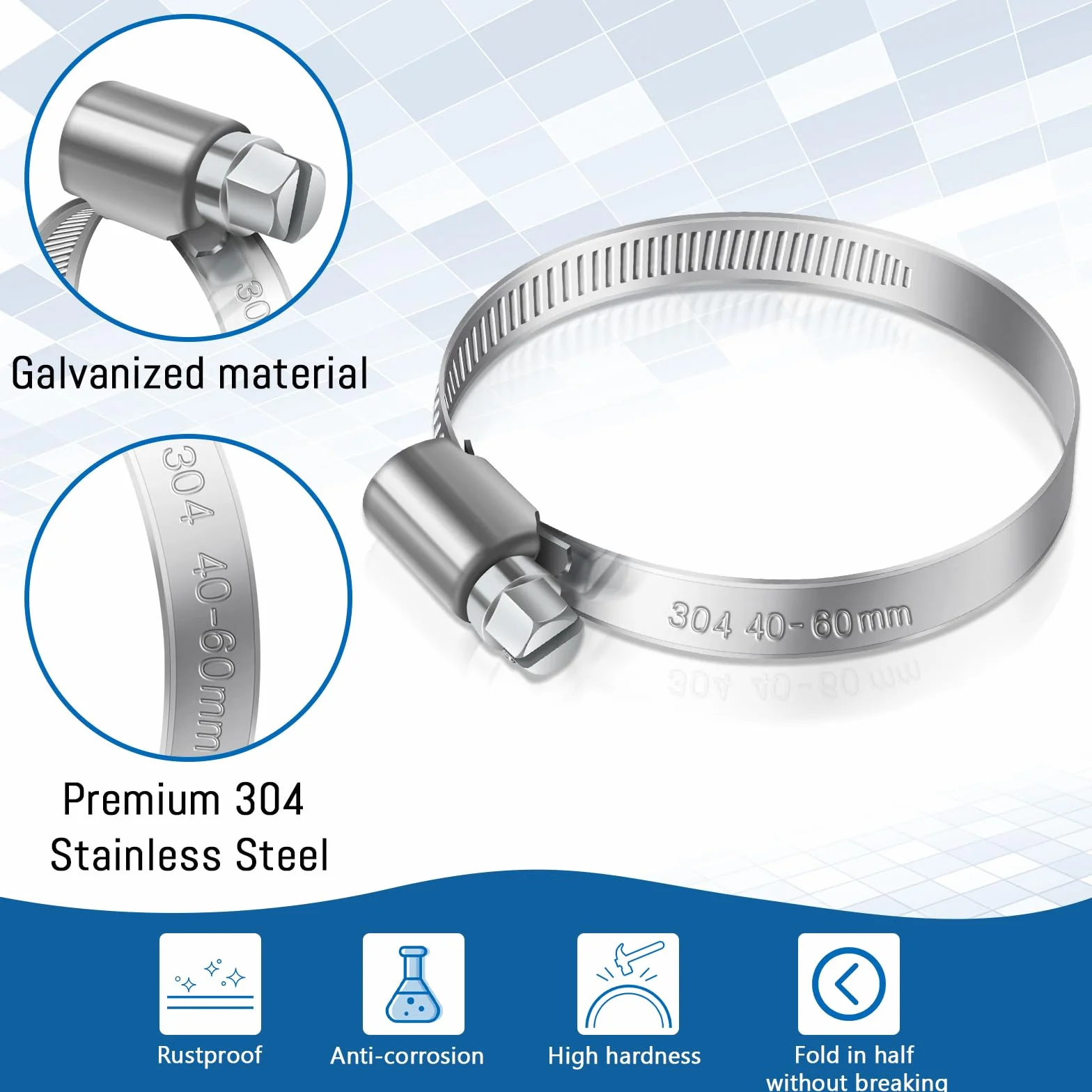 Bolatus Morsetti per tubi a vite senza fine, acciaio inox 304, regolabili, 50-70 mm, 4 pezzi, argento