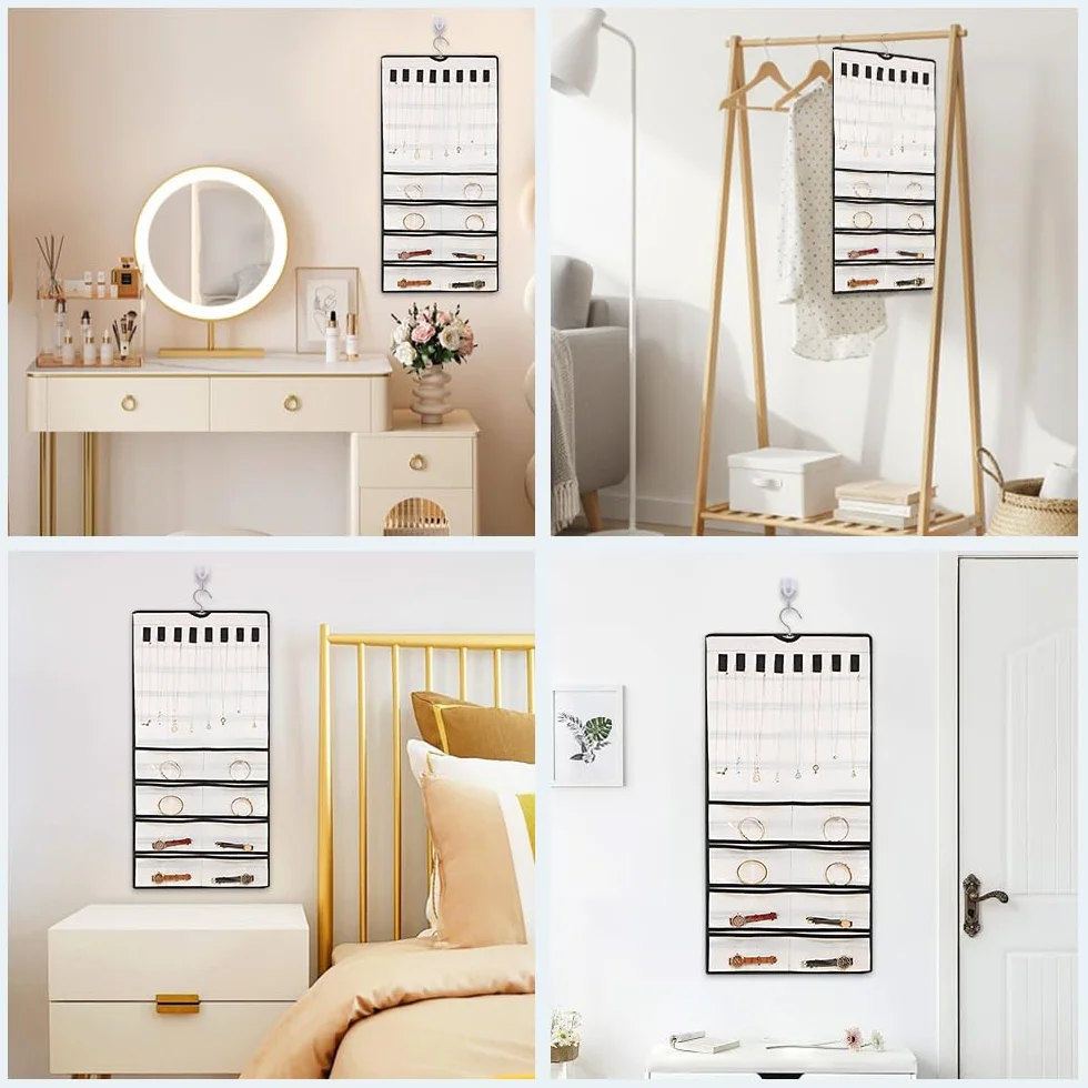 Hanging Jewelry Organizer 48 Scomparti Porta Gioielli da Appendere Armadio 43x78 cm Bianco