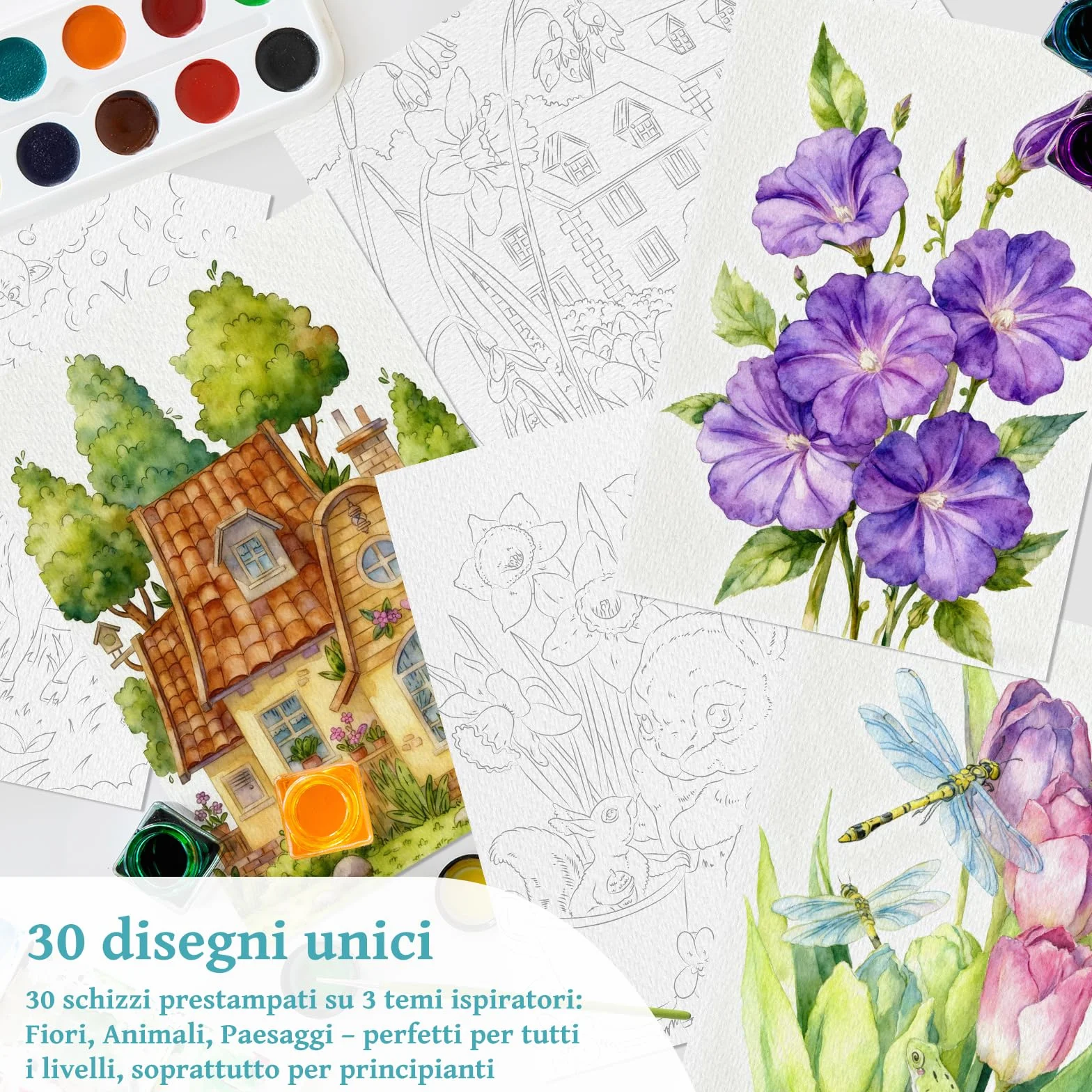 Elfew 2 Libri da Colorare ad Acquerello per Adulti, A5 Lavoro ad Acquerello, Album da Colorare per Adulti, Acquarelli per Dipingere, con 30 Disegni Unici, Artigianato Artistico
