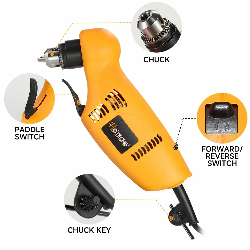 Hoteche Trapano angolare 450 W, potente 220-240 V, 0-1400 giri/min, registrazione chiave 10 mm, regolatore variabile, spina VDE, accessori inclusi