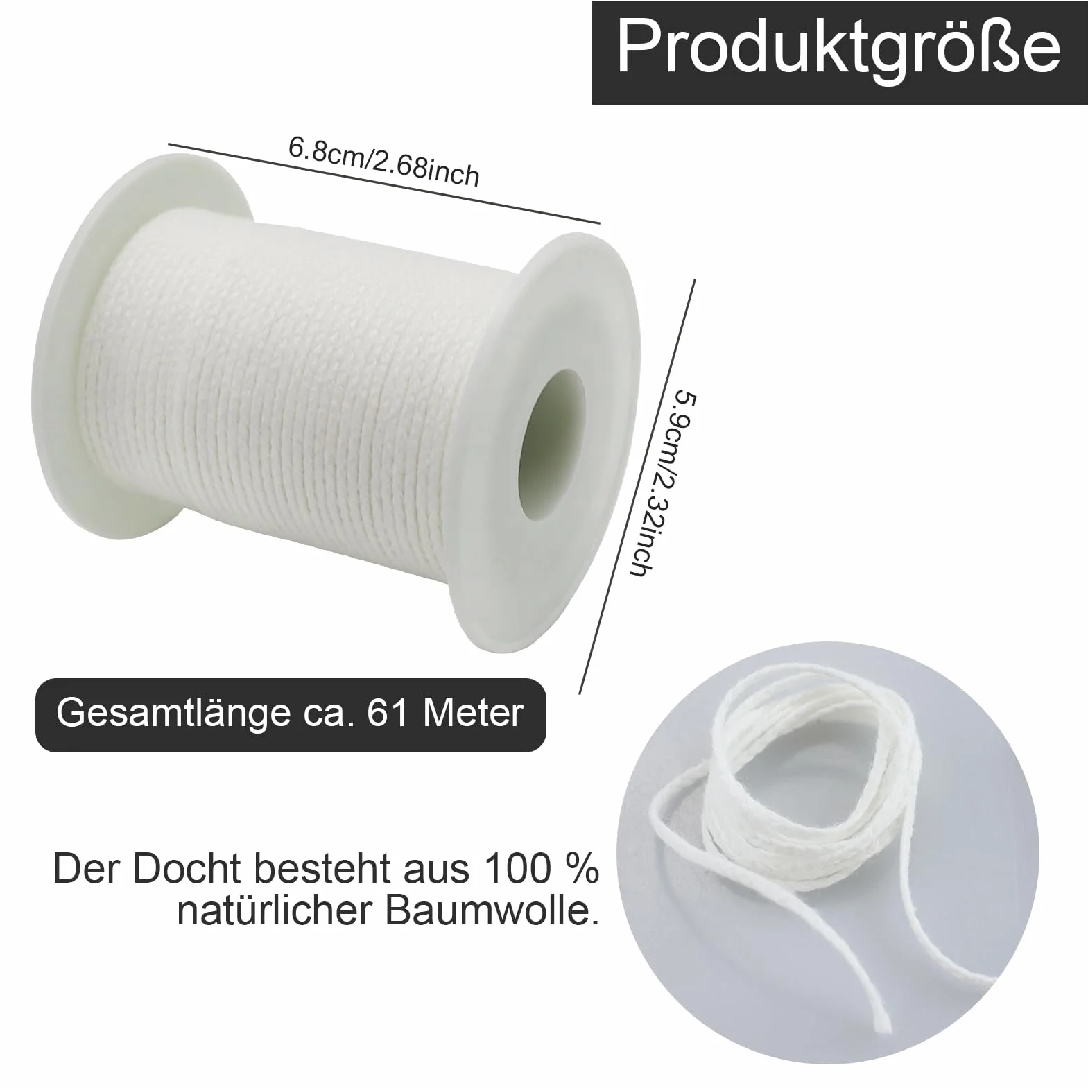 Stoppino per Candele in Cotone - 61 m, Intrecciato Senza Fumo per Produzione di Candele Profumate Fai da Te