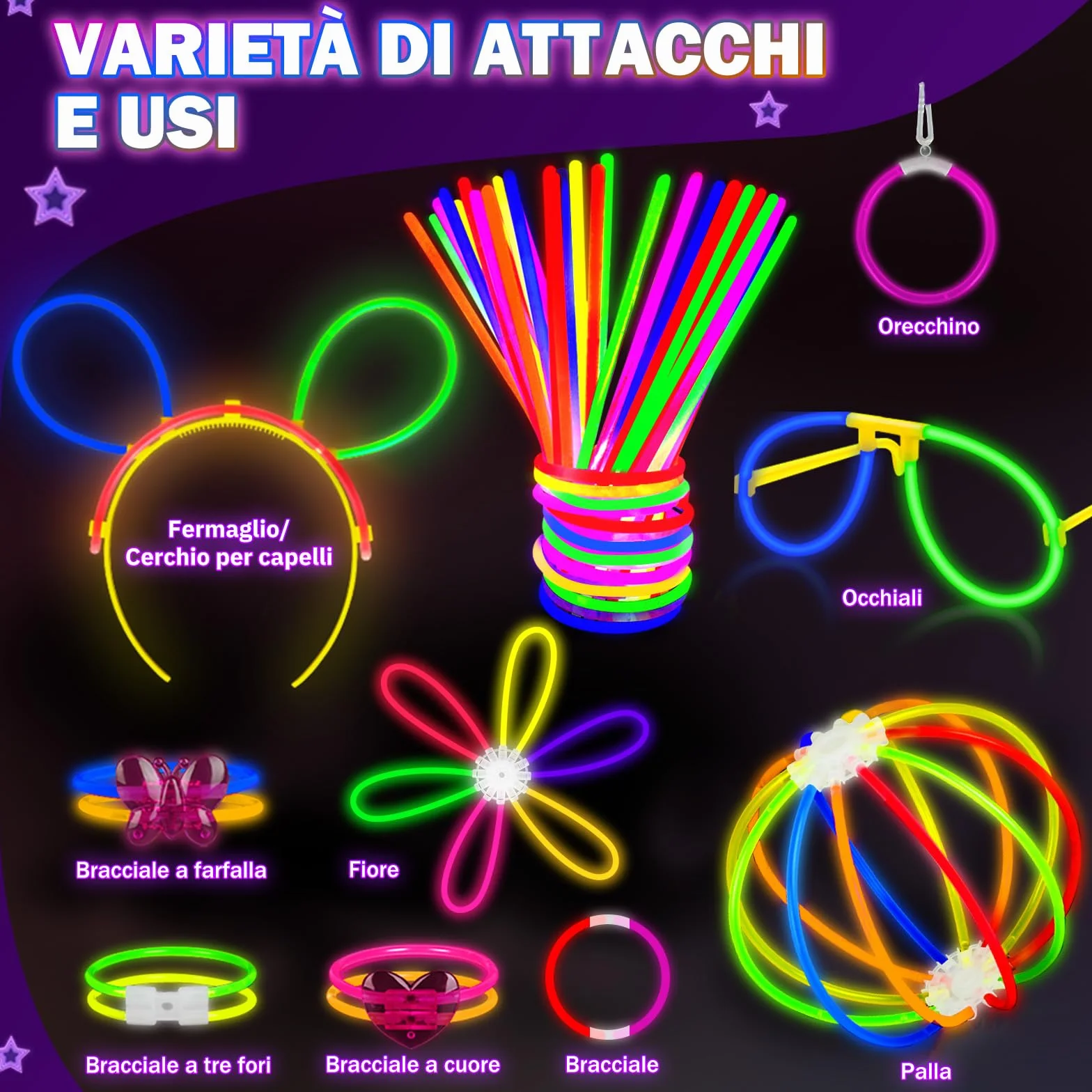 Starlight Glow Sticks Fluorescent Party Kit 230 Braccialetti Luminosi 130 Connettori