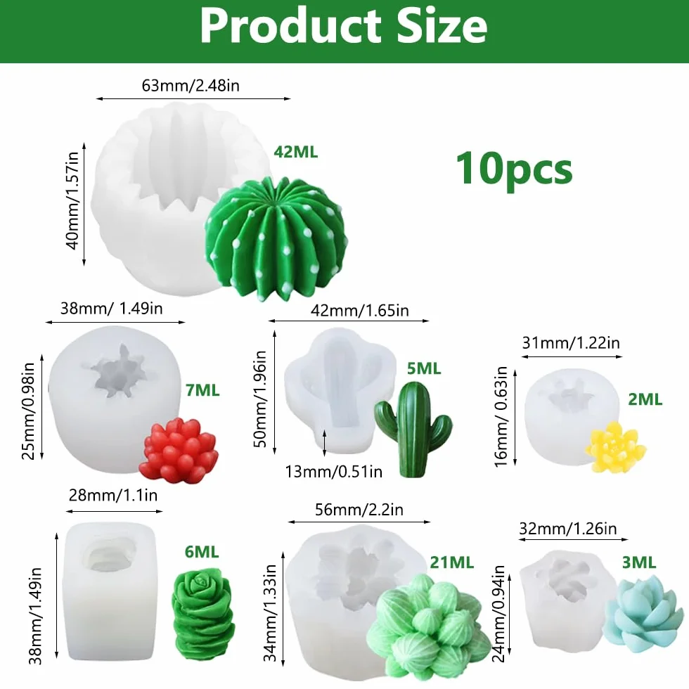 10 Pezzi Stampi in Silicone per Candele, Stampo in Silicone per Cactus Succulenti, 3D Stampo per Candele di Cactus, Stampi per Candele Fai Da Te per Candele Fatte a Mano, Stampi in Resina Epossidica