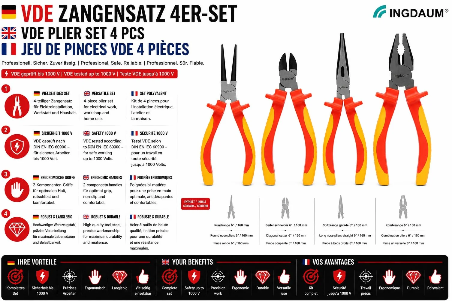 Set INGDAUM VDE 4 pinze 6" 160 mm 1000 V isolato tronchese laterale becchi mezzotondi curvi becchi tondi universale