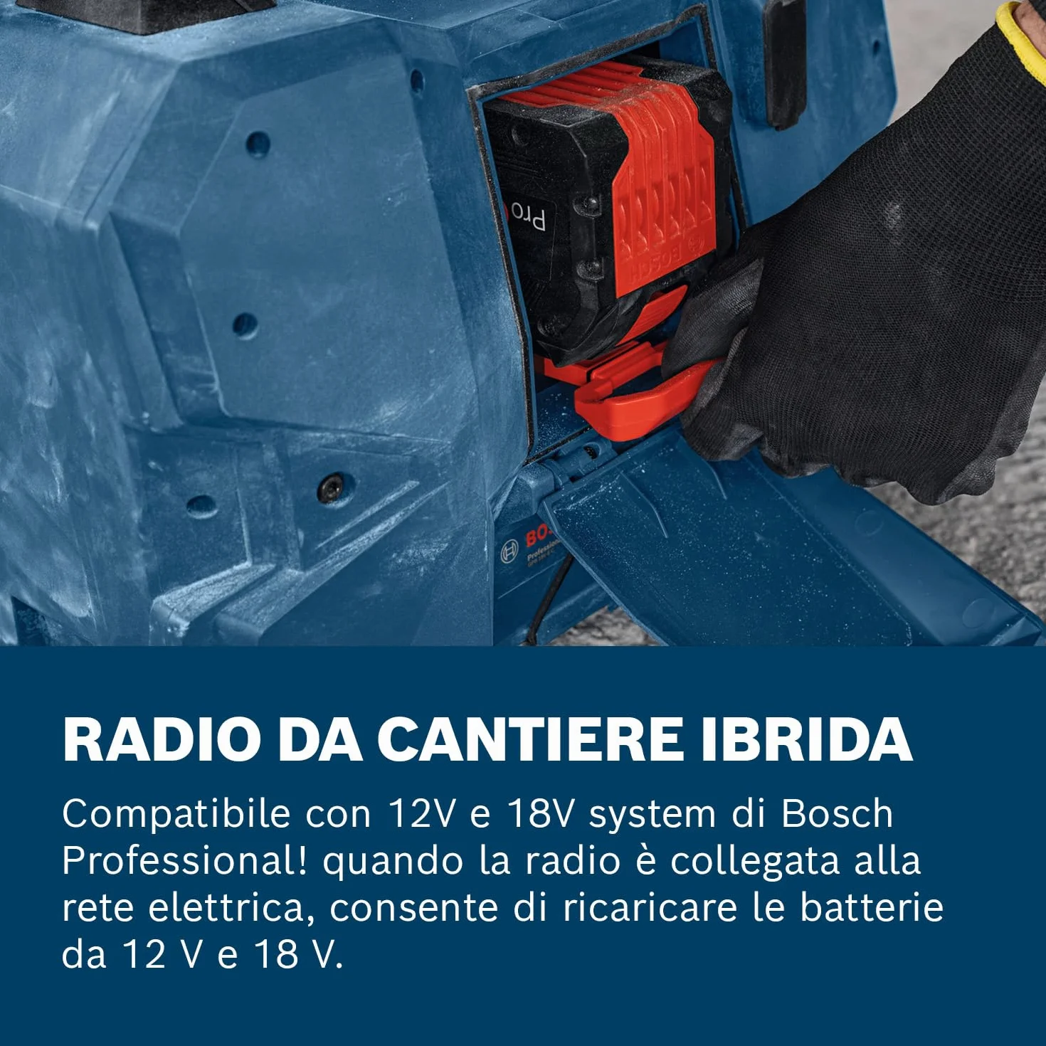 Bosch Professional Radio a batteria GPB 18VH-6 SRC 18V/12V System (ricarica integrata per 18 V e 12 V, incl. apribottiglie, 2 batterie AAA, pellicola protettiva schermo, senza batteria/caricabatteria)
