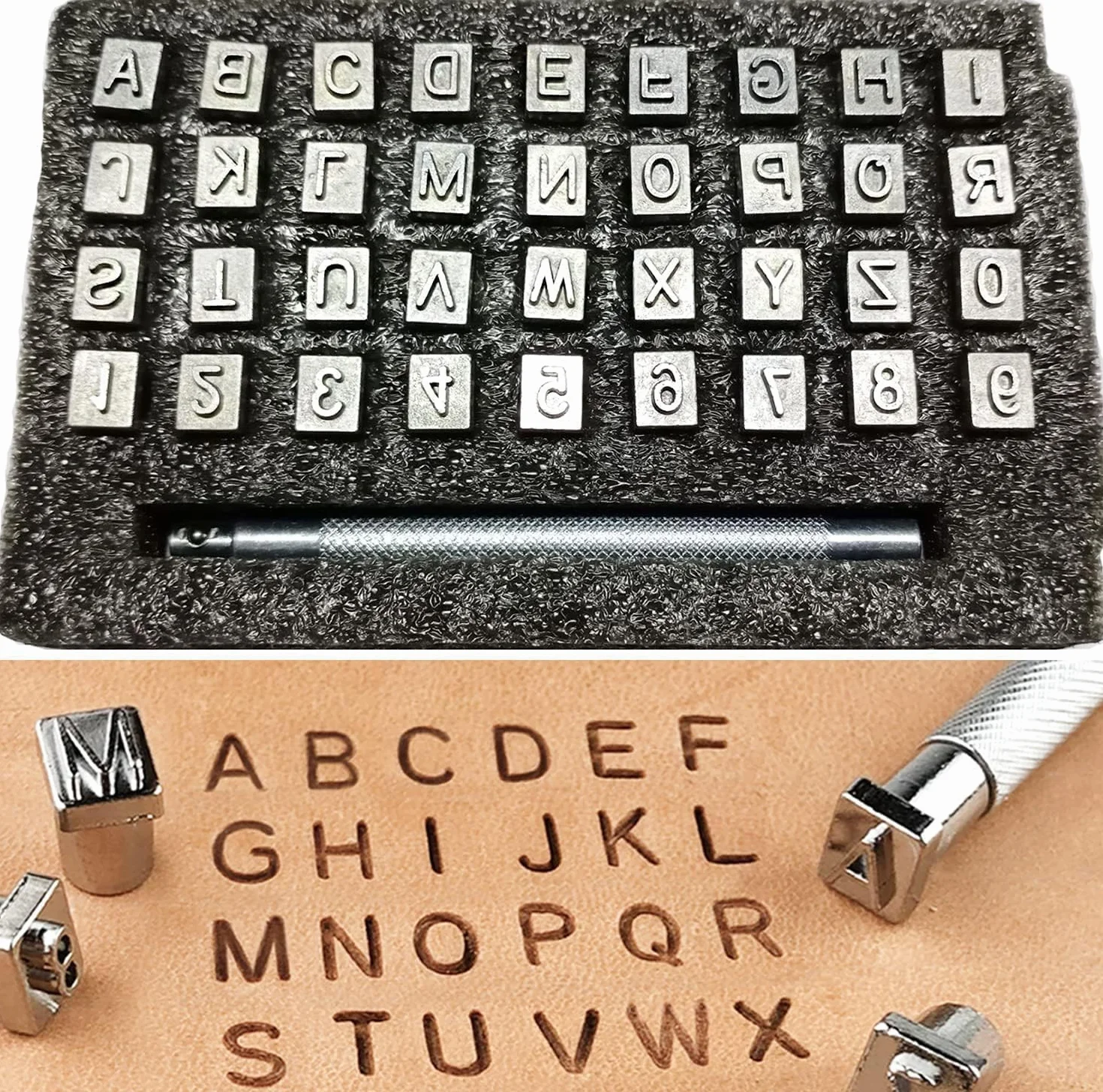 37 Pezzi Timbro per Pelle Timbro in Rilievo Punzoni per Metallo 6,5mm Timbri Alfabeto A-Z e Numero 0-9 Timbri in Metallo Punzoni Numerici per Metallo con Maniglie per DIY Artigianato in Pelle