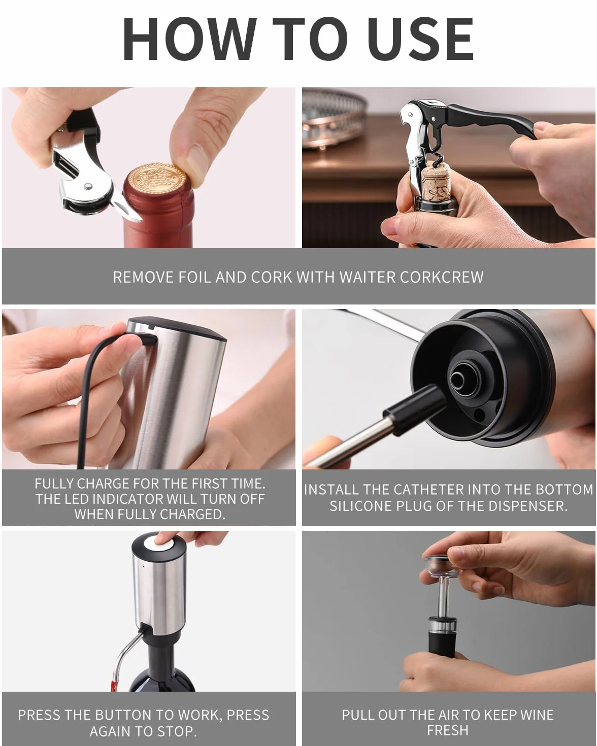 CIRCLE JOY Aeratore Elettrico per Vino, Decanter Ricaricabile con Base di Conservazione, Cavatappi e Tappo Sottovuoto, Regalo per Gli Amanti del Vino, Argento