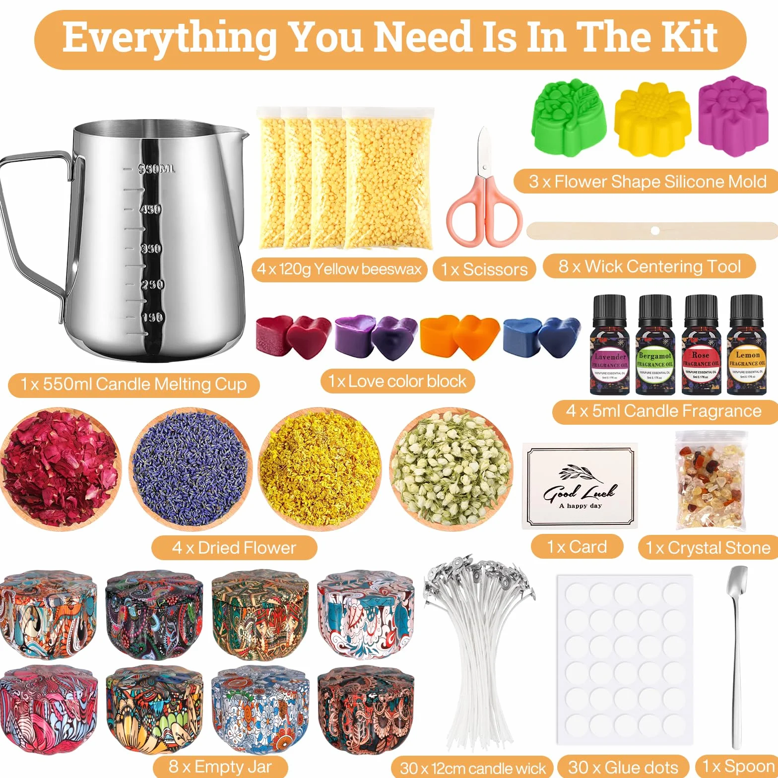 ITMNMNL Kit per Candele Fai da Te, Set con 50 Stoppini, 8 Barattoli, Coloranti - per Principianti