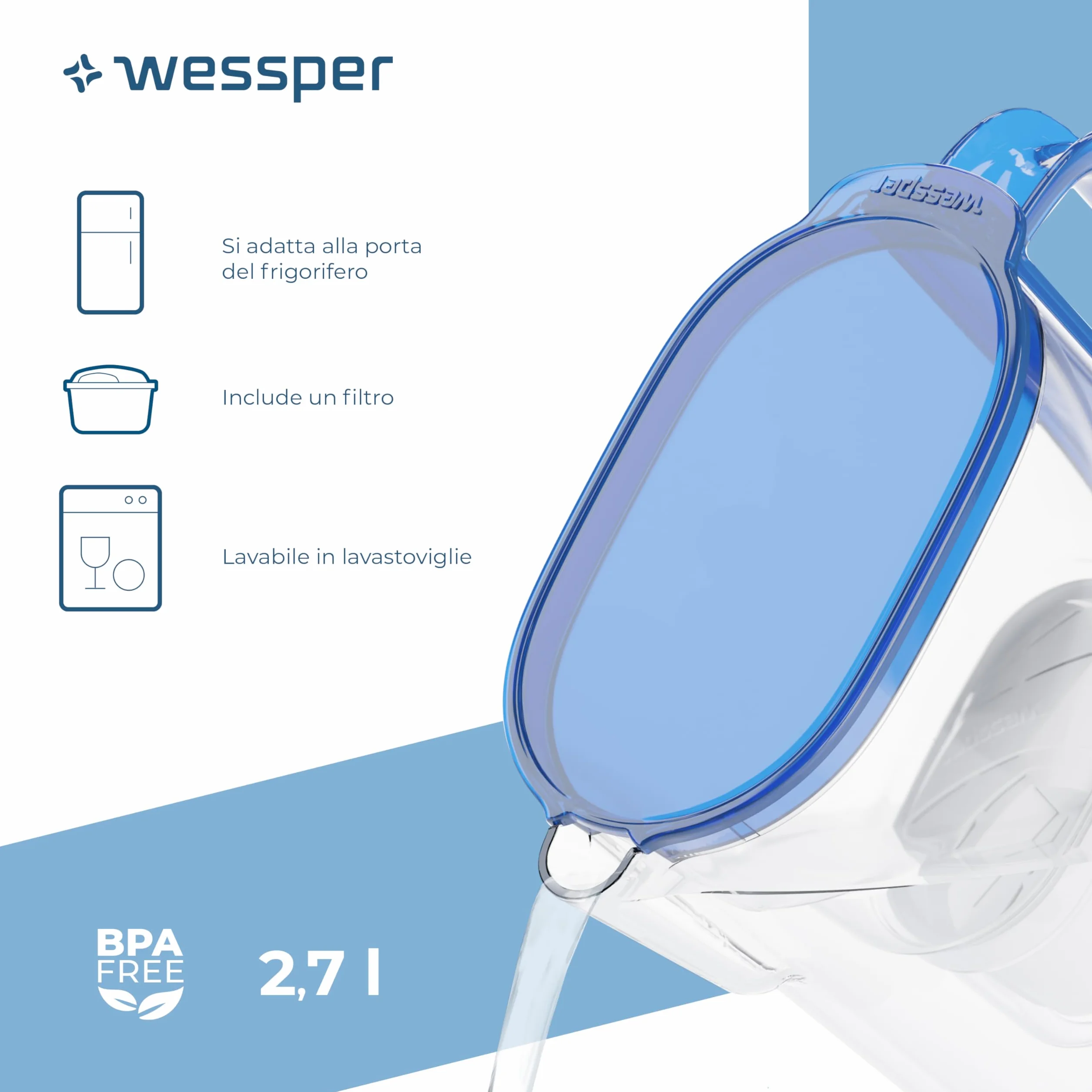 Wessper Caraffa Filtrante 2,7L con Filtri Carbone Attivo e Resina a Scambio Ionico, Set 6 Filtri - Blu