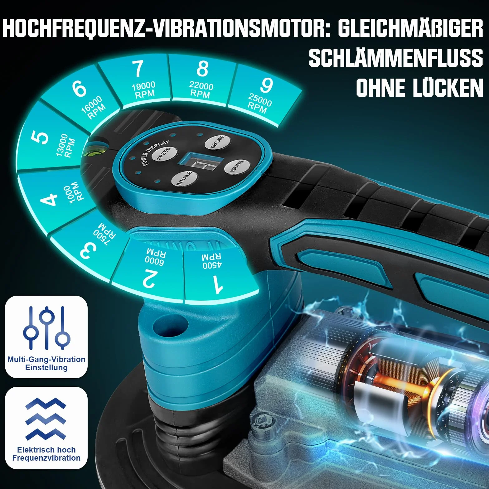 Strumento di vibrazione per piastrelle | con 2x2000mAh Batterie | ventosa da 22,5 x 12 cm | 250KG di Forza di Aspirazione | 9 velocità regolabili | Strumento oscillante per piastrelle
