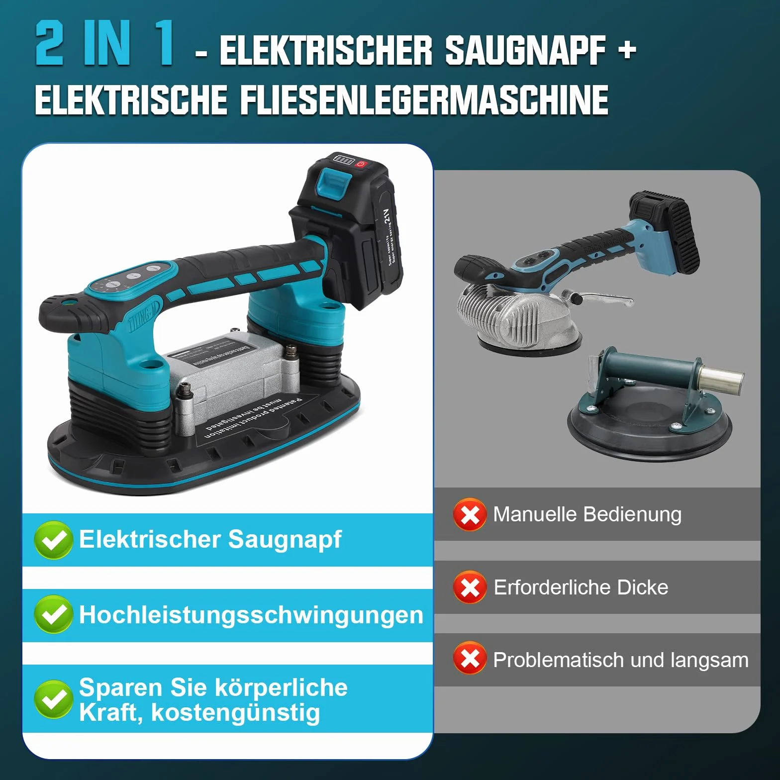 Vibratore per piastrelle, 12000 VPM, macchina per piastrelle, 30 – 225 mm, 250 kg, aggiornamento ventosa, 6 velocità, dispositivo di vibrazione per pavimenti regolabili (2 batterie da 2,5 Ah