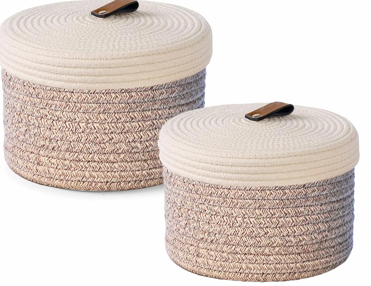 2 Pezzi Cestini Portaoggetti con Coperchi - Cestino in Corda di Cotone con Coperchio - Filo di cotone naturale, fibbia in pelle, Cestino Decorativo con Coperchio - Cestino Portaoggetti