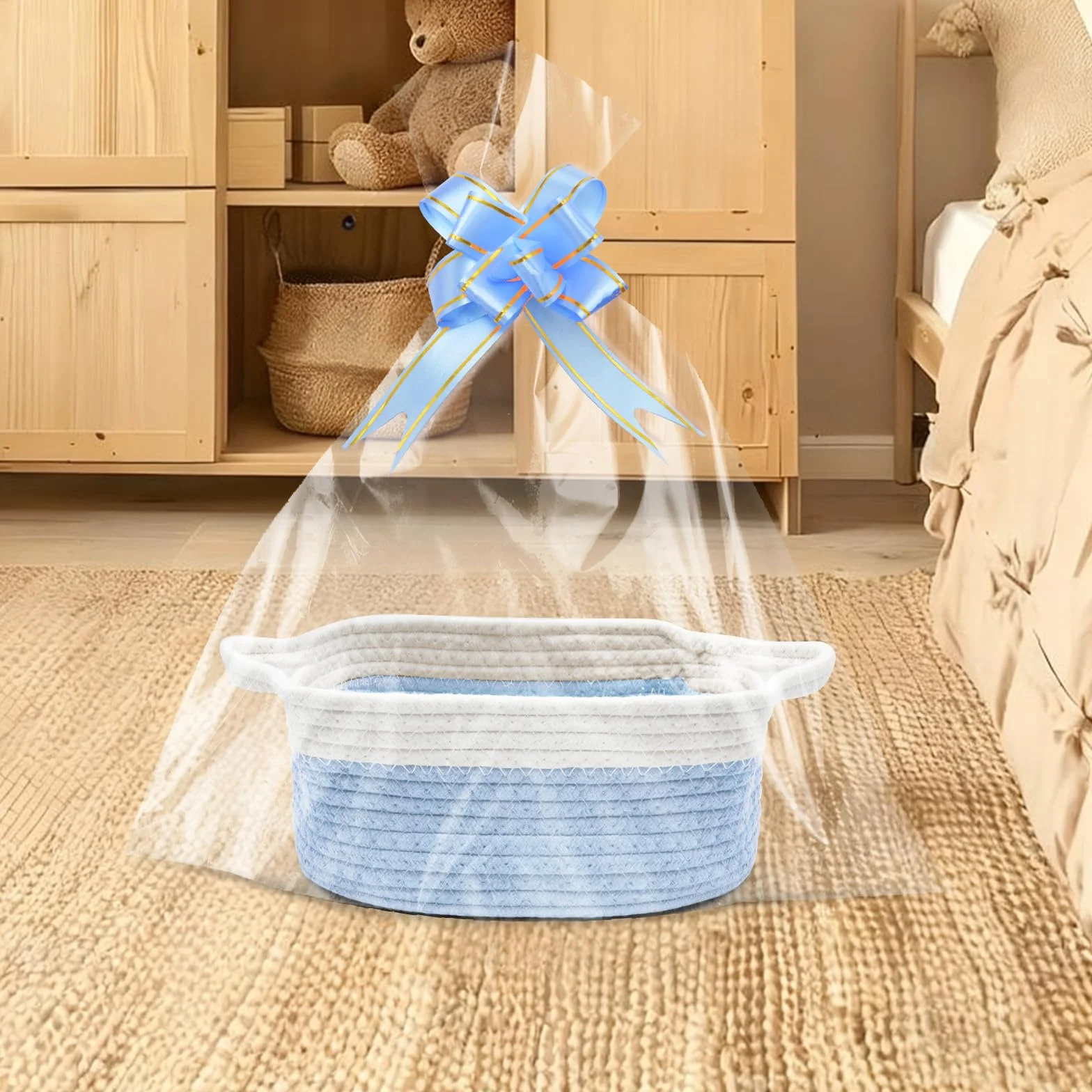 Cestino regalo vuoto 30 x 20 x 12 cm intrecciato blu con sacchetti e nastri