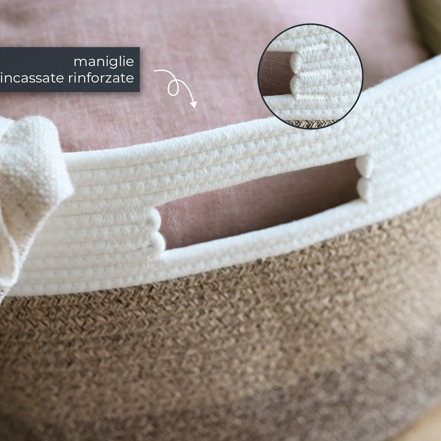 HMF XXL Cesto portabiancheria in cotone, cesto contenitore angolare con manici | 55 x 43 x 30 cm | Bianco-Marrone