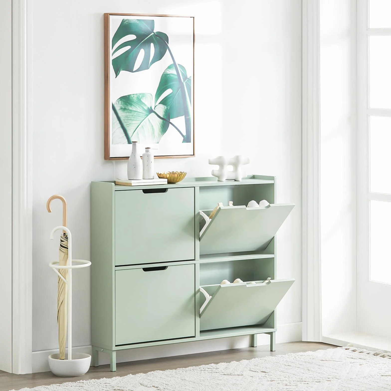 SoBuy Scarpiera Salvaspazio Slim da Ingresso Mobile Portascarpe con 4 Ante a Ribalta Regolabili in Legno Armadio Scarpiera Alta e Stretta per Corridoio, 100x19x91 cm，Verde Chiaro, FSR100-GR