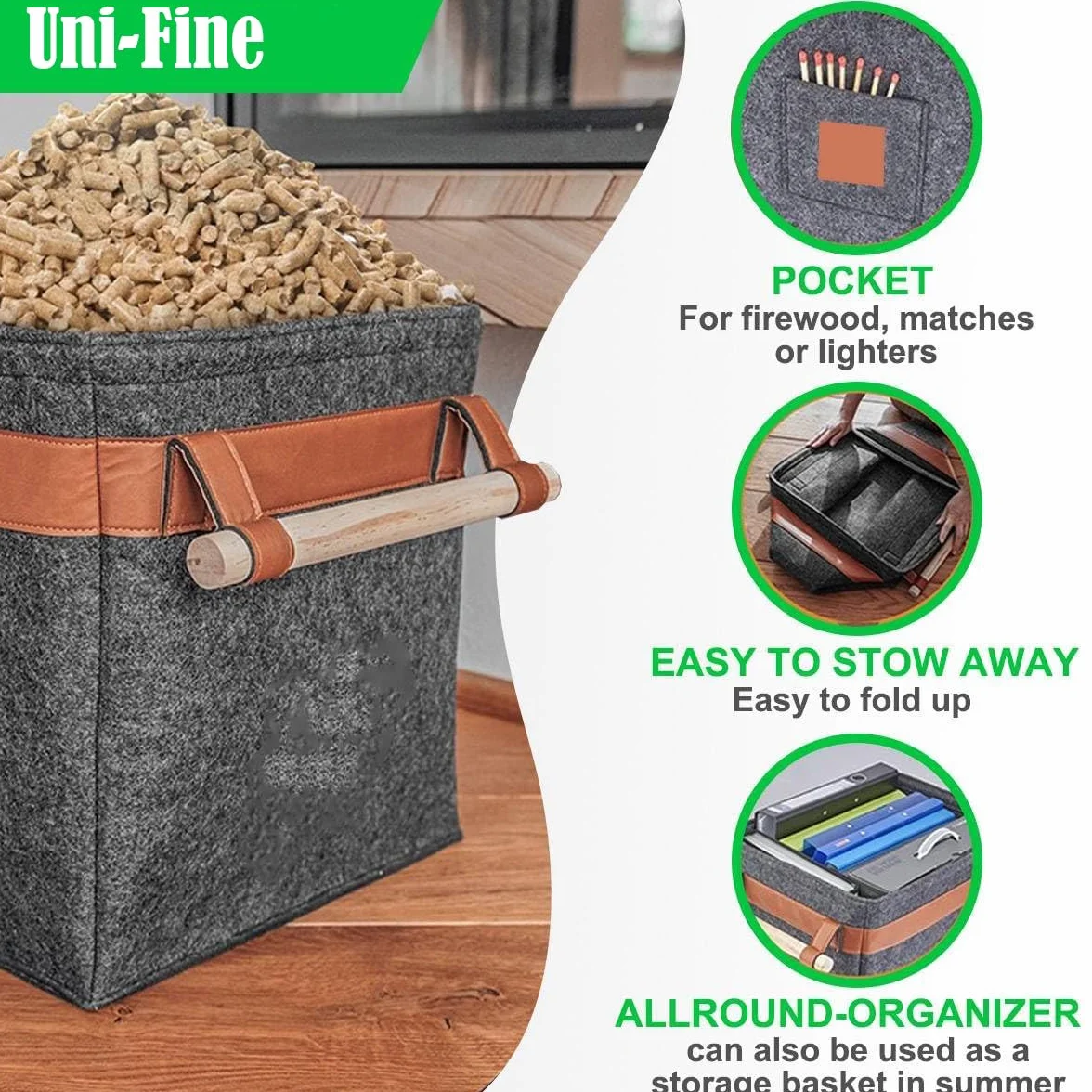 Uni-Fine - Cesto di legno in feltro, 42 x 32 x 32 cm, 43 l, con manico, in feltro extra spesso, può essere utilizzato anche come cestino per la spesa e i giornali