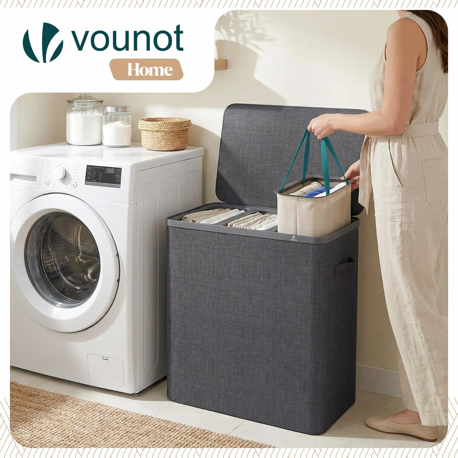 VOUNOT® Cesto Portabiancheria 170L Rettangolare a 3 Scomparti con Coperchio, Cesto Biancheria Grande Capacità con 3 Sacchi Rimovibili Autoportante e Manici, per Bagno, Camera e Lavanderia, Antracite