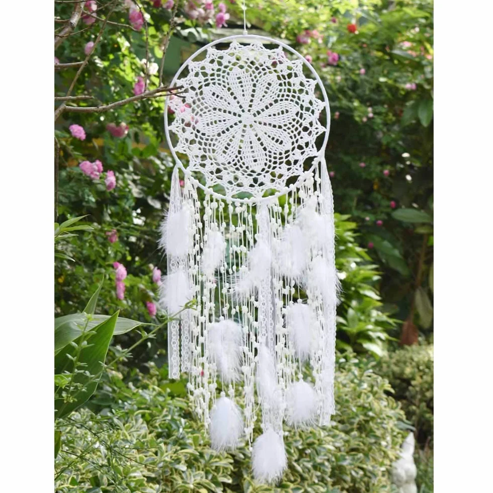 Acchiappasogni grande in macramè con piume bianche, cerchio 30 cm, lunghezza 80 cm, bianco
