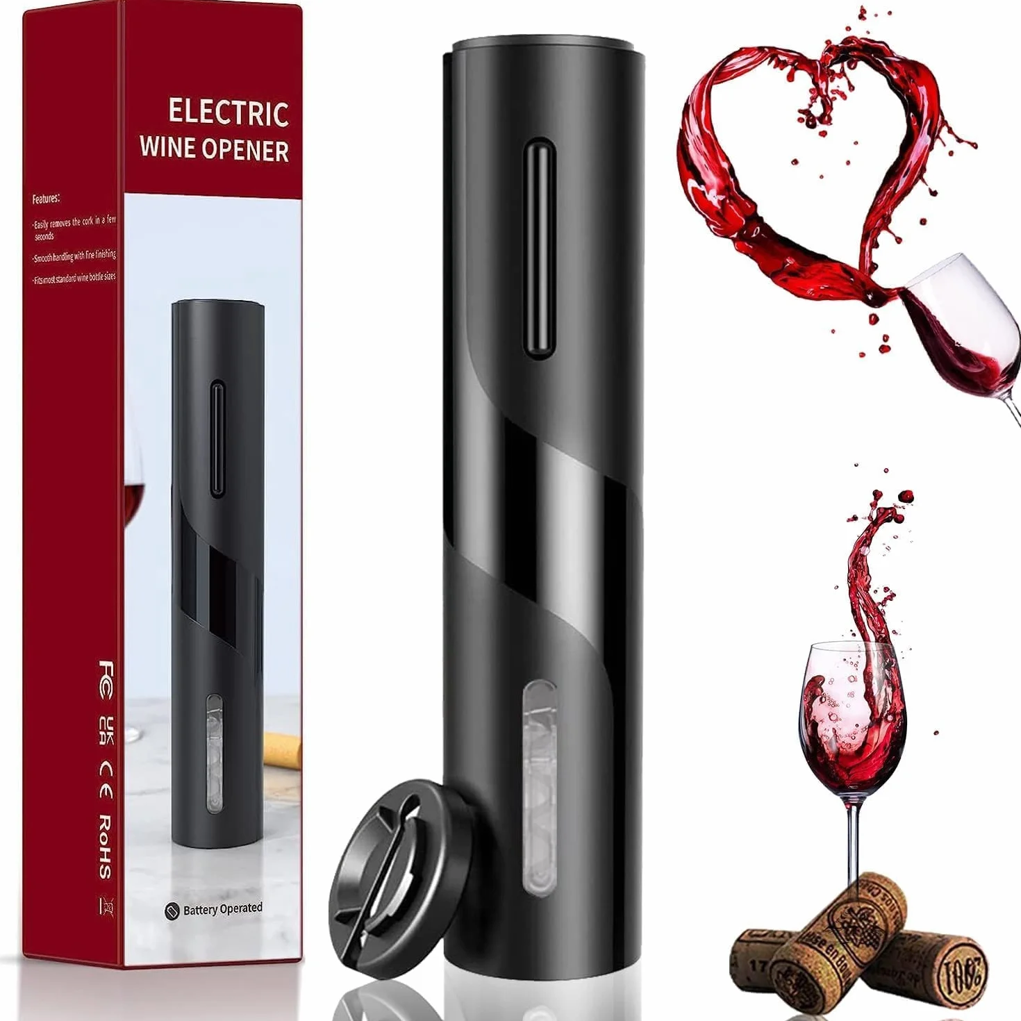 Set Apribottiglie Elettrico a Batterie con Taglia Capsule, Set Regalo, Nero