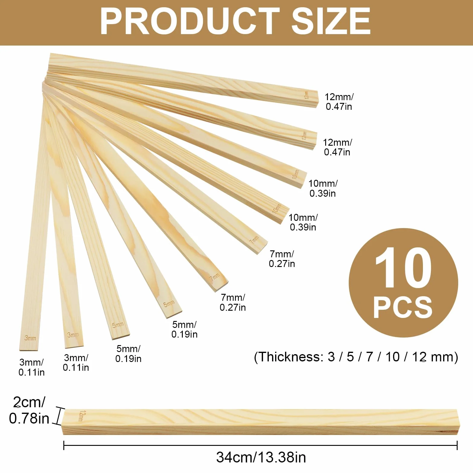10 Pcs Spessori per Mattarello in Legno, Rolling Pin Guides, Bastoni di Guida Cuscinetto Ceramica, Guide Per In Legno, per Ceramiche, Polimeri di Argilla, Fai da Te (5 Misure-3/5/7/10/12 mm)