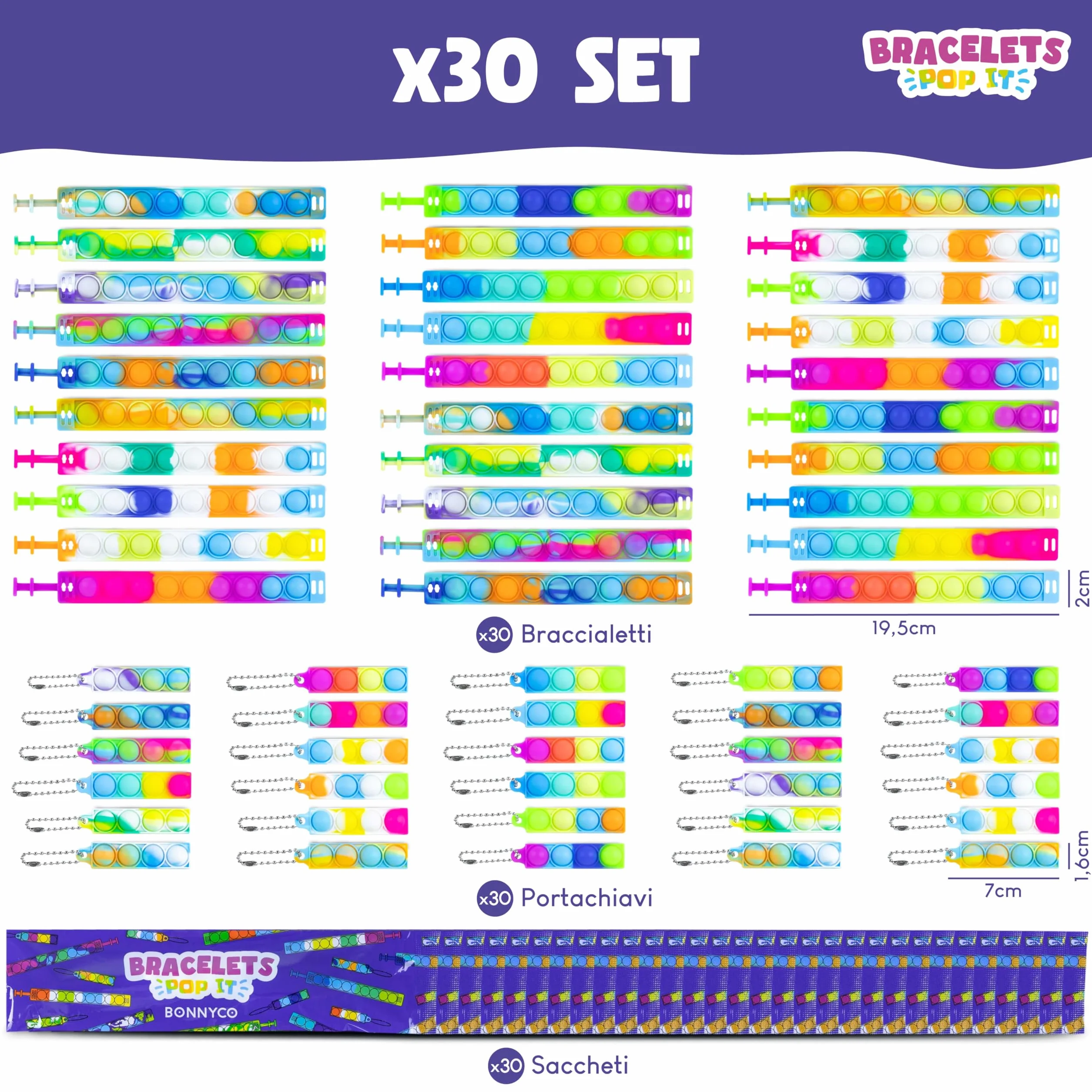 BONNYCO Braccialetti e Portachiavi Pop It, 30 Pezzi Regalini Fine Festa Bambini Fidget Toys