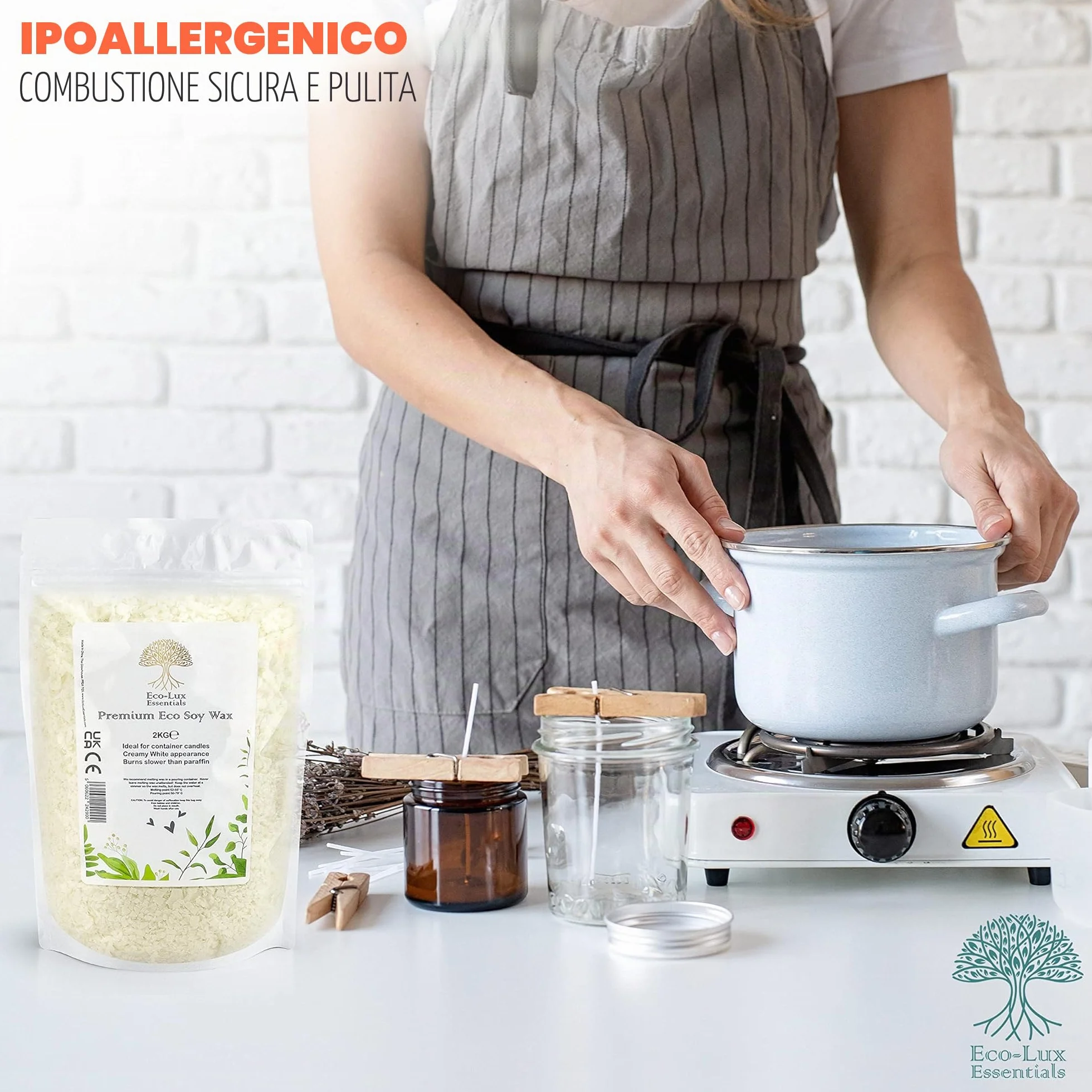 Eco-Lux Essentials - Cera di soia ecologica di alta qualità, 2 kg, bianca, vegana, prodotta senza crudeltà, 100% cera di soia naturale (2 kg)