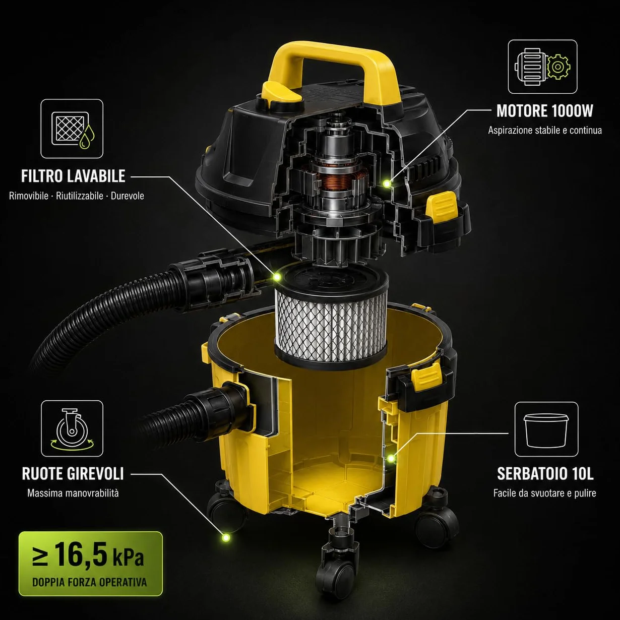 KOMBO - Aspiratore Solidi e Liquidi 1000W 10L – 3in1 Soffiatore, Serbatoio Capiente, Filtro Lavabile, Potenza 1000 Watt – Compatto e Maneggevole