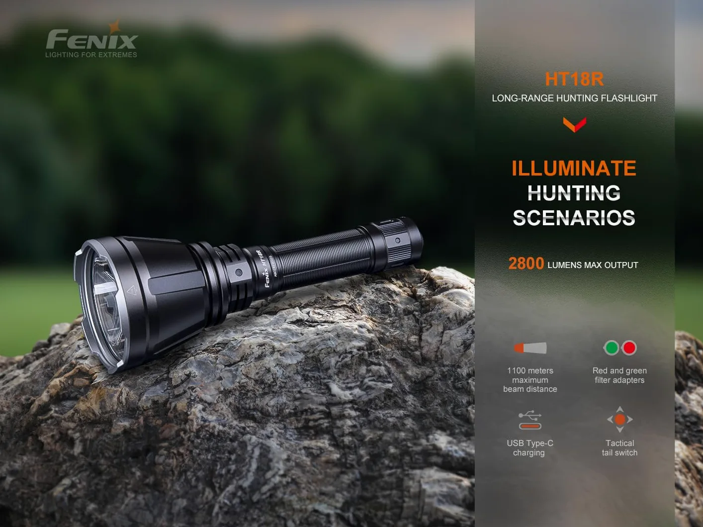 Fenix HT18R Torcia LED da caccia con max. 2.800 lumen + filtro rosso + filtro verde + strobo + SOS con batteria da 5.000 mAh e cavo di ricarica USB-C – adatto per interruttore per cavi