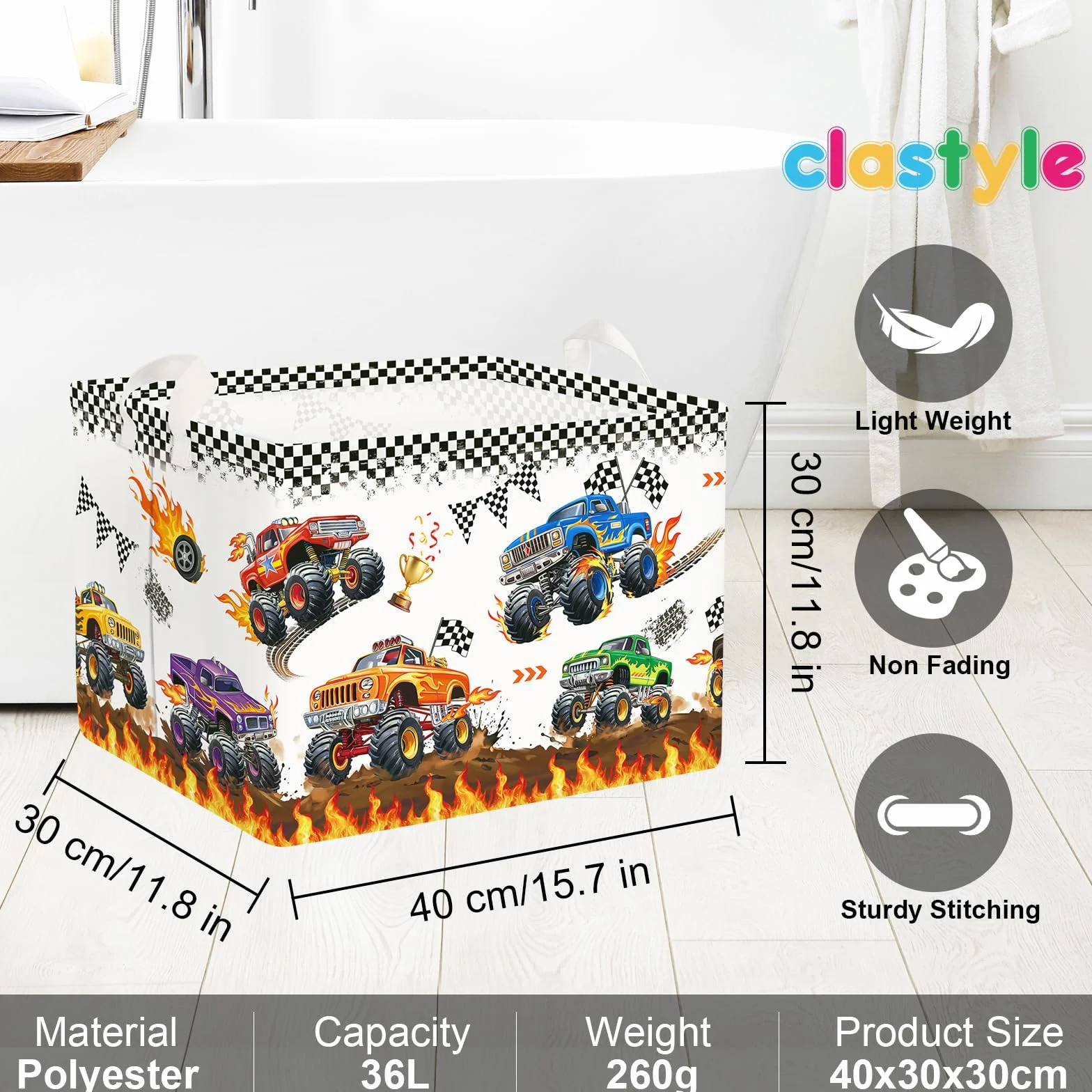 Clastyle Cesto Portabiancheria Auto Corsa Cestino Portaoggetti Impermeabile Cesta Biancheria Genitori per Organizzare Giocattoli Vestiti, Camion, 40x30x30 cm