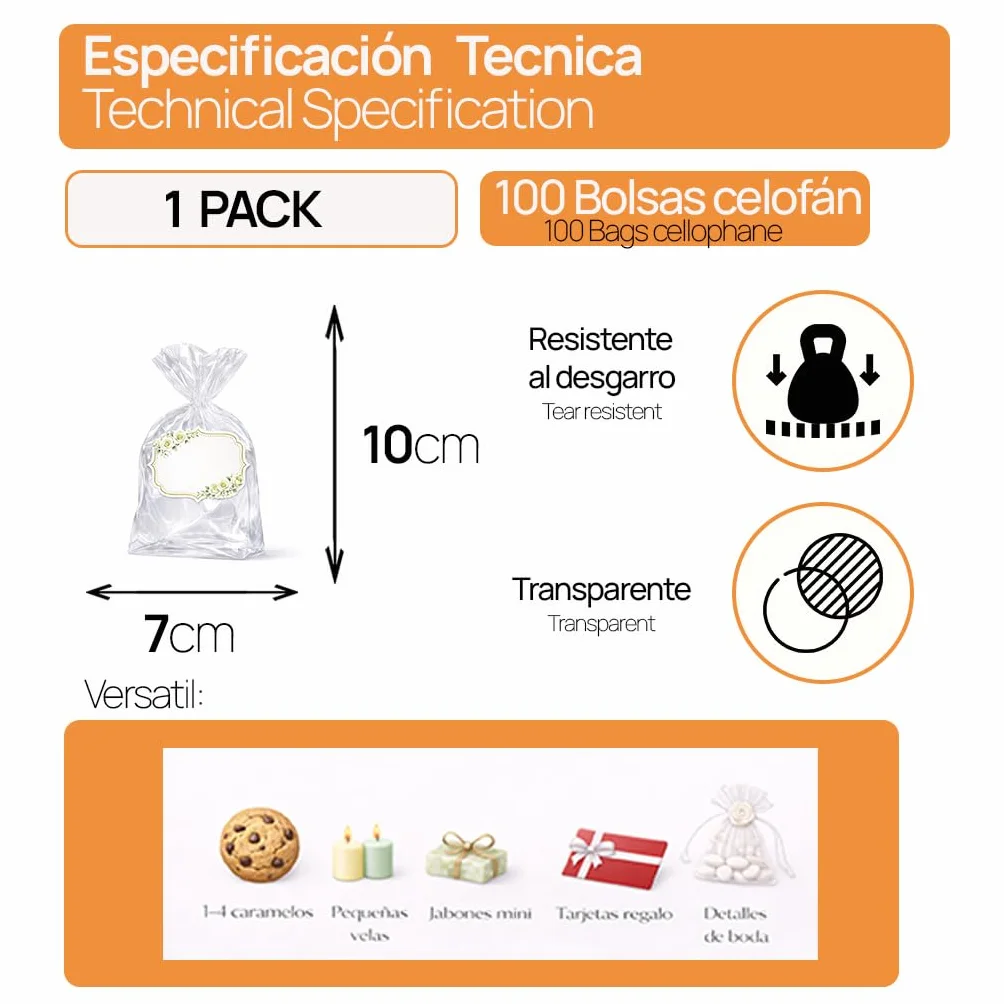 Ofituria Sacchetti Cellophane Trasparenti 7 x 10 cm, Sacchetti Trasparenti per Caramelle e Confetti, Bustine Trasparenti Regalo per bomboniere e Confezioni, 1 Pack (100 Sacchetti)
